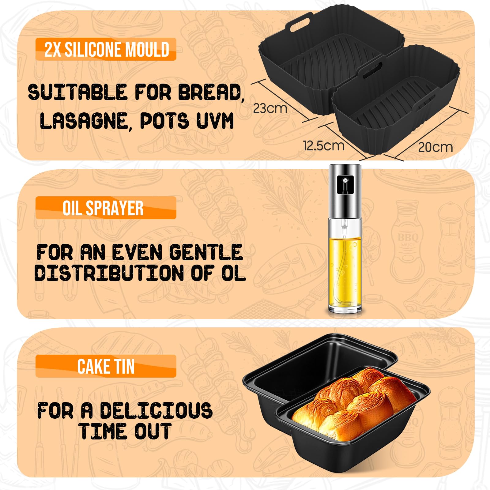 Heissluftfritteuse Zubehör für Tefal EY9018 Dual Easy Fry 5,2/3,1L - Airfryer Zubehör Einschließlich Silikonform, Grillrost, Brotbackformen, Küchenzange, Ölspray, usw