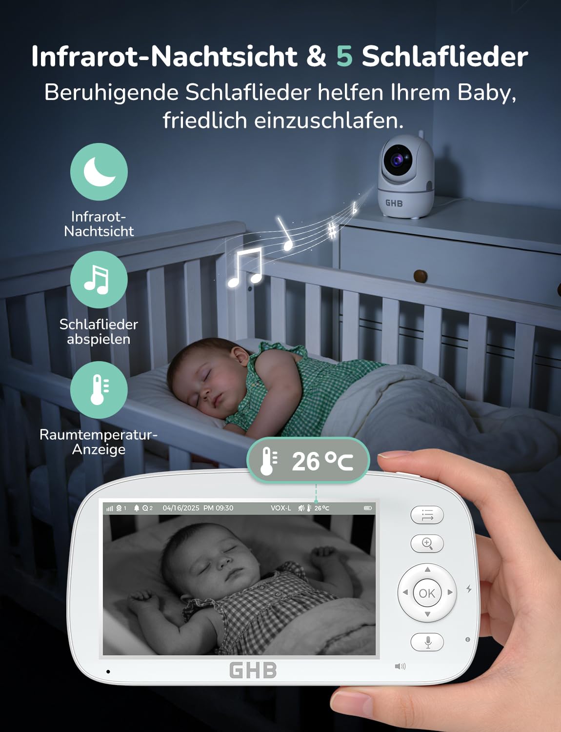 GHB Babyphone mit Kamera 5 Zoll 720P HD Kamera IPS Display mit 5000mAh Akku 4X Zoom 2-Bildschirm-Split Pan/Tilt 350°/110° Nachtsicht Wiegenlied