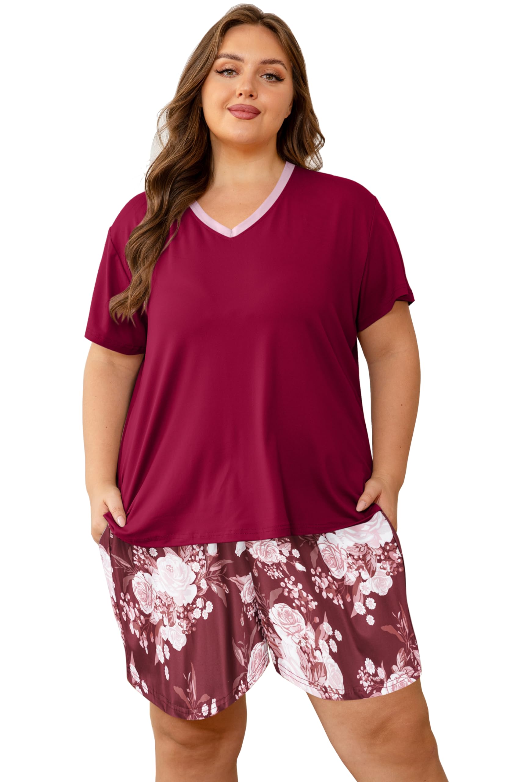 Vozanet Women's Short Sleeve Top and Shorts Pajama Sets Plus Size V Neck Colorful Flower Nighty Loungewear With TWO Pockets