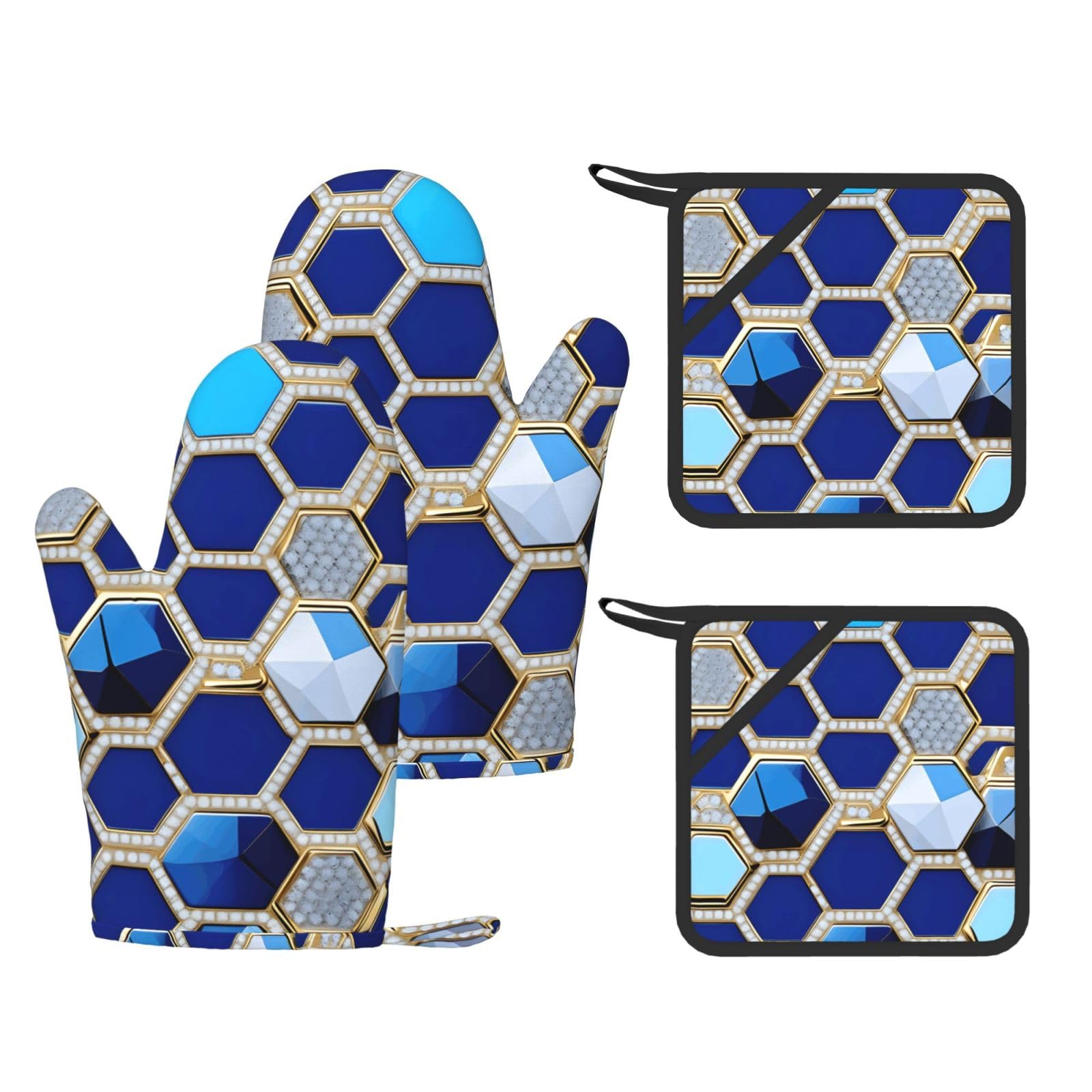 Maniques en silicone pour le four et la cuisine au quotidien avec décors hexagones bleus