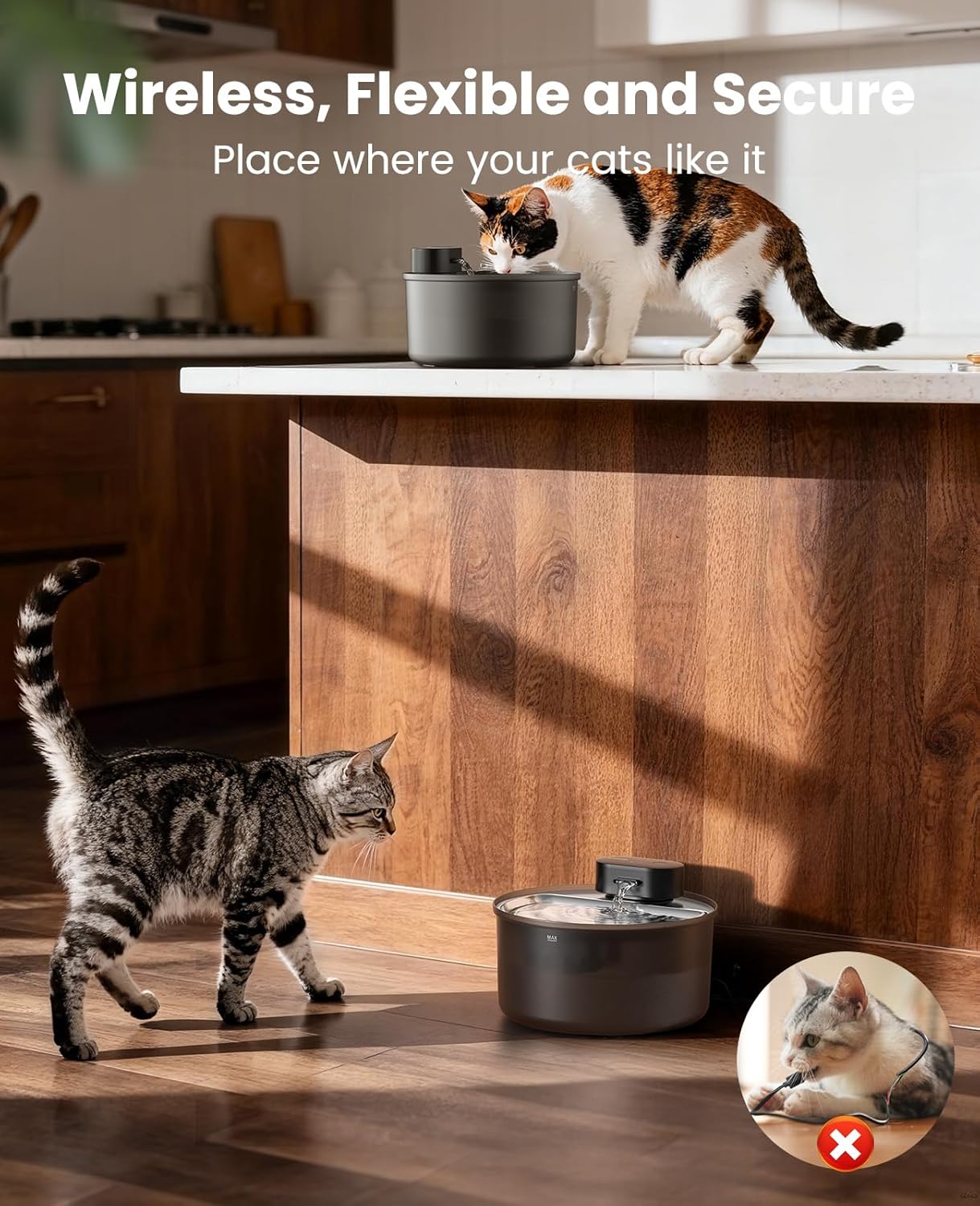 oneisall Cat Water Fountain Stainless Steel Tray: 108oz/3.2L Wireless Pet Fountain for Cats Indoor, Rechargeable Battery Operated Automatic Cordless Water Dispenser for Drinking, Ultra Quiet, BPA-Free - Image 2