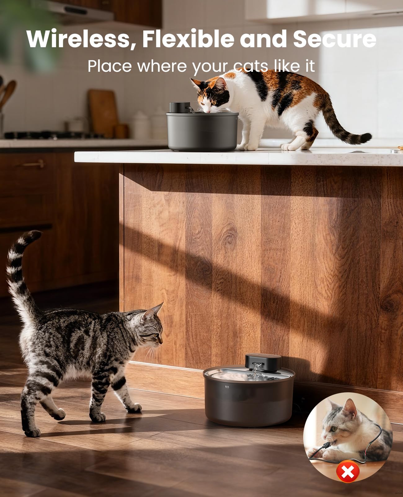 Fuente de agua para gatos con bandeja de acero inoxidable: 3,2 L oneisall Fuente inalámbrica para mascotas para gatos de interior, dispensador de agua automático a pilas para beber, ultra silencioso