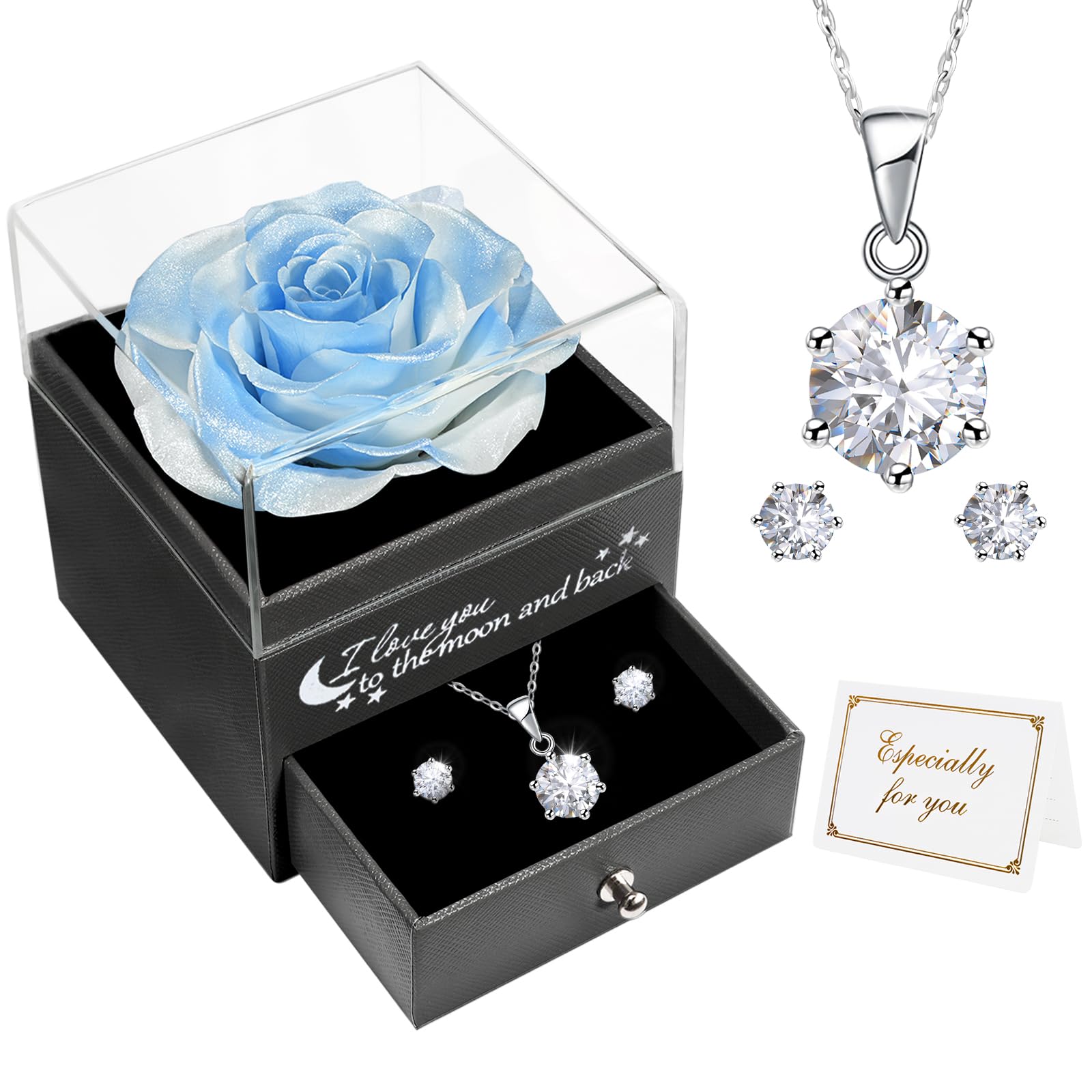 Miofula Regalos Originales para Mujer, Rosa Eterna Natural Preservada con Collar Pendientes Rosa Regalo Cumpleaños Mujer, Flor Eterna Regalo Aniversario Pareja, Flores Preservadas Regalo Novia Navidad