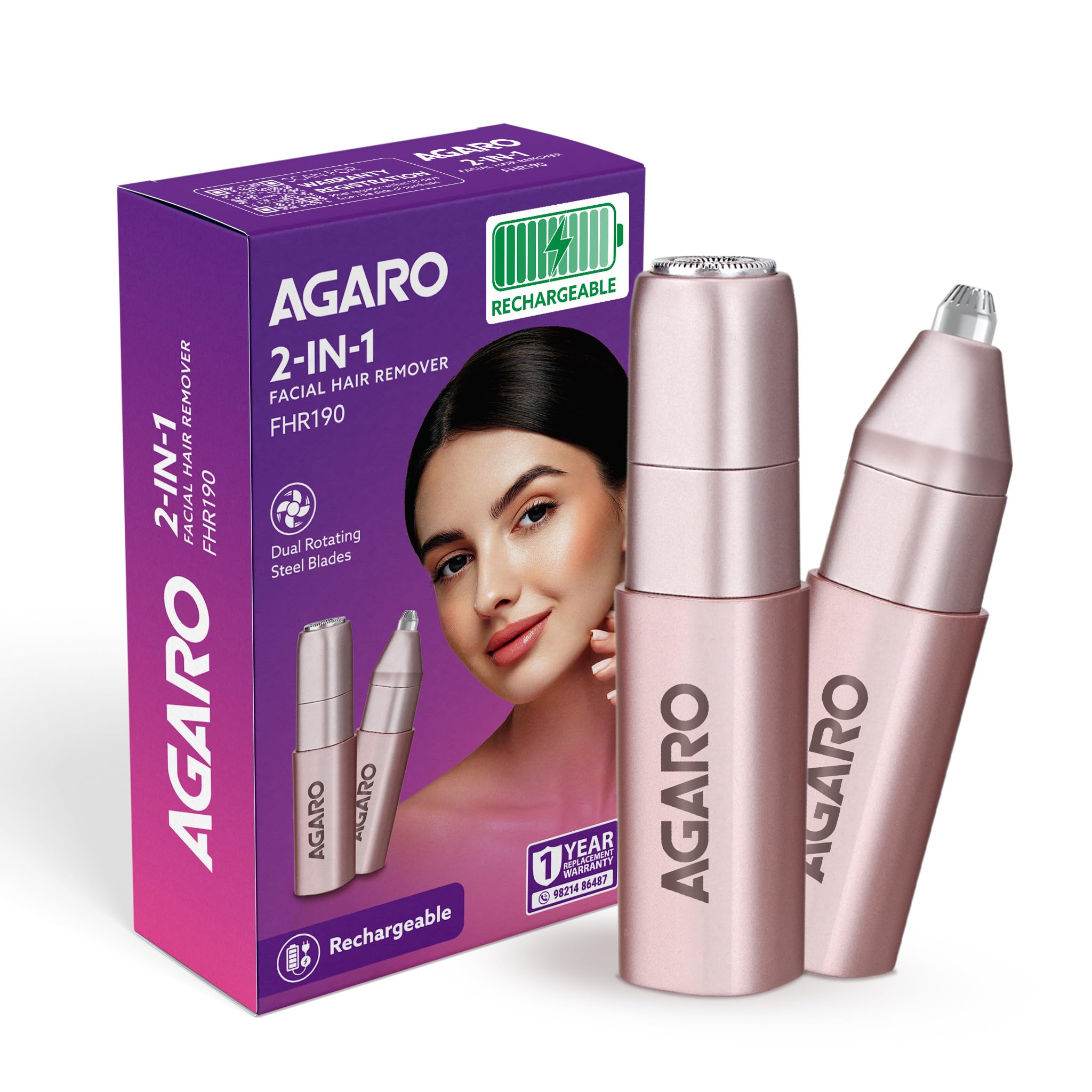 AGARO Facial Hair Remover |Eyebrow Trimmer FHR190 Rose Gold For Women, Rechargeable, Cordless, Safe & Painless Electric Shaver, Hypoallergenic Blade, Multipurpose Use For Upper Lip, Chin,