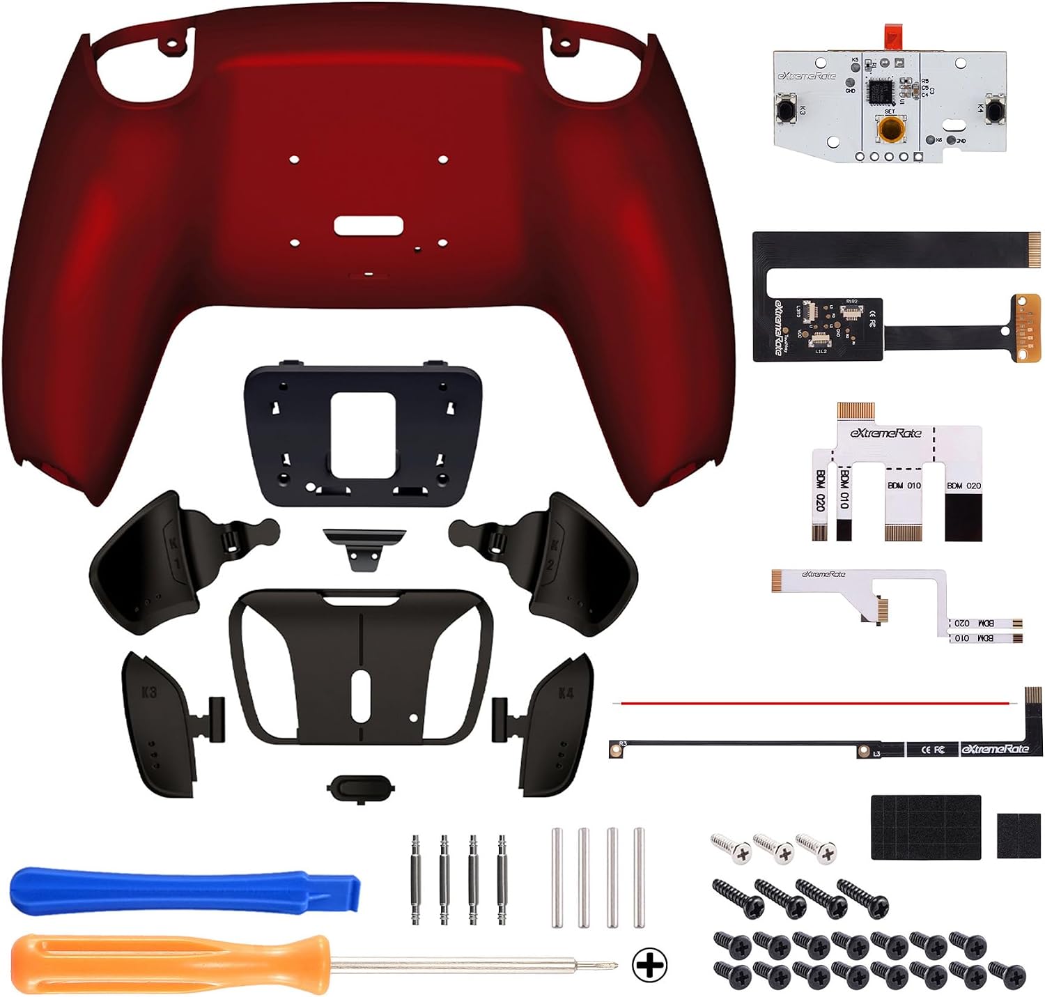 eXtremeRate Scarlet Red Programmable Real Metal Buttons (RMB) Version RISE4 Remap Kit for PS5 Controller BDM 010 & BDM 020, Upgrade Board & Redesigned Back Shell & 4 Back Buttons for PS5 Controller