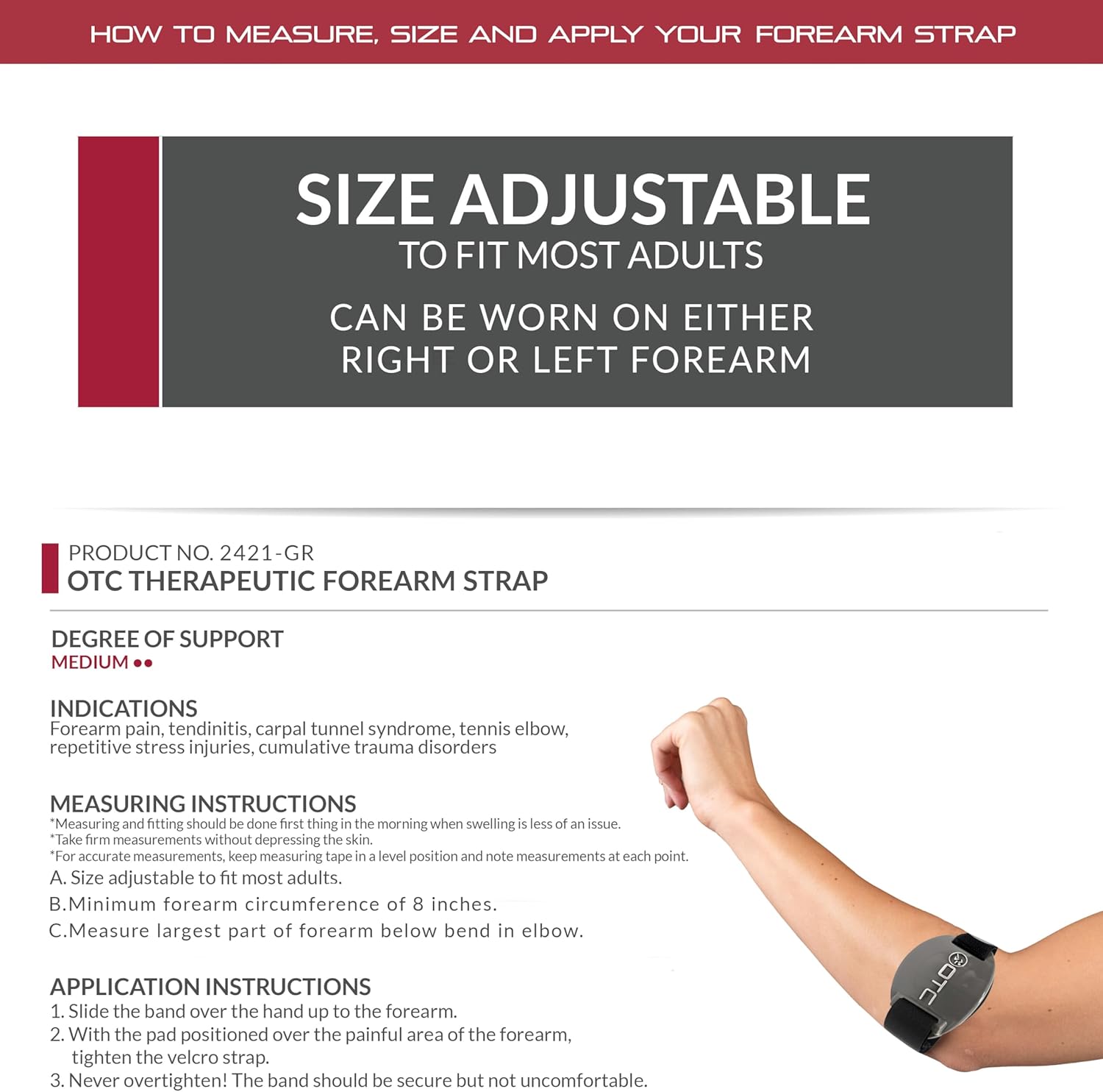 OTC Forearm Compression Strap for Tennis Elbow, Golfers Elbow, Recovery, Graphite Color, Adjustable/Universal