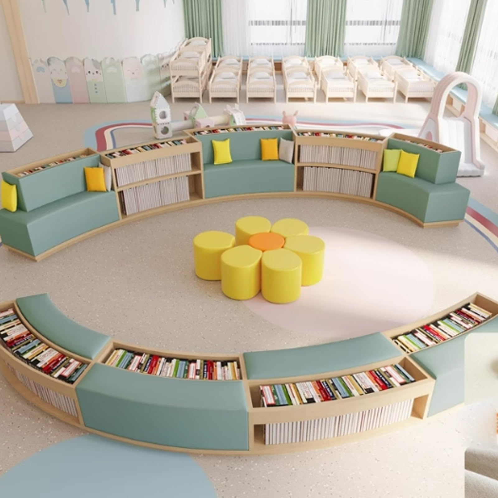 Curved Bookshelf and Sofa Set,Multifunctional Stool Combination,for Training Institution Kindergarten Reading Area Library Rest(A)