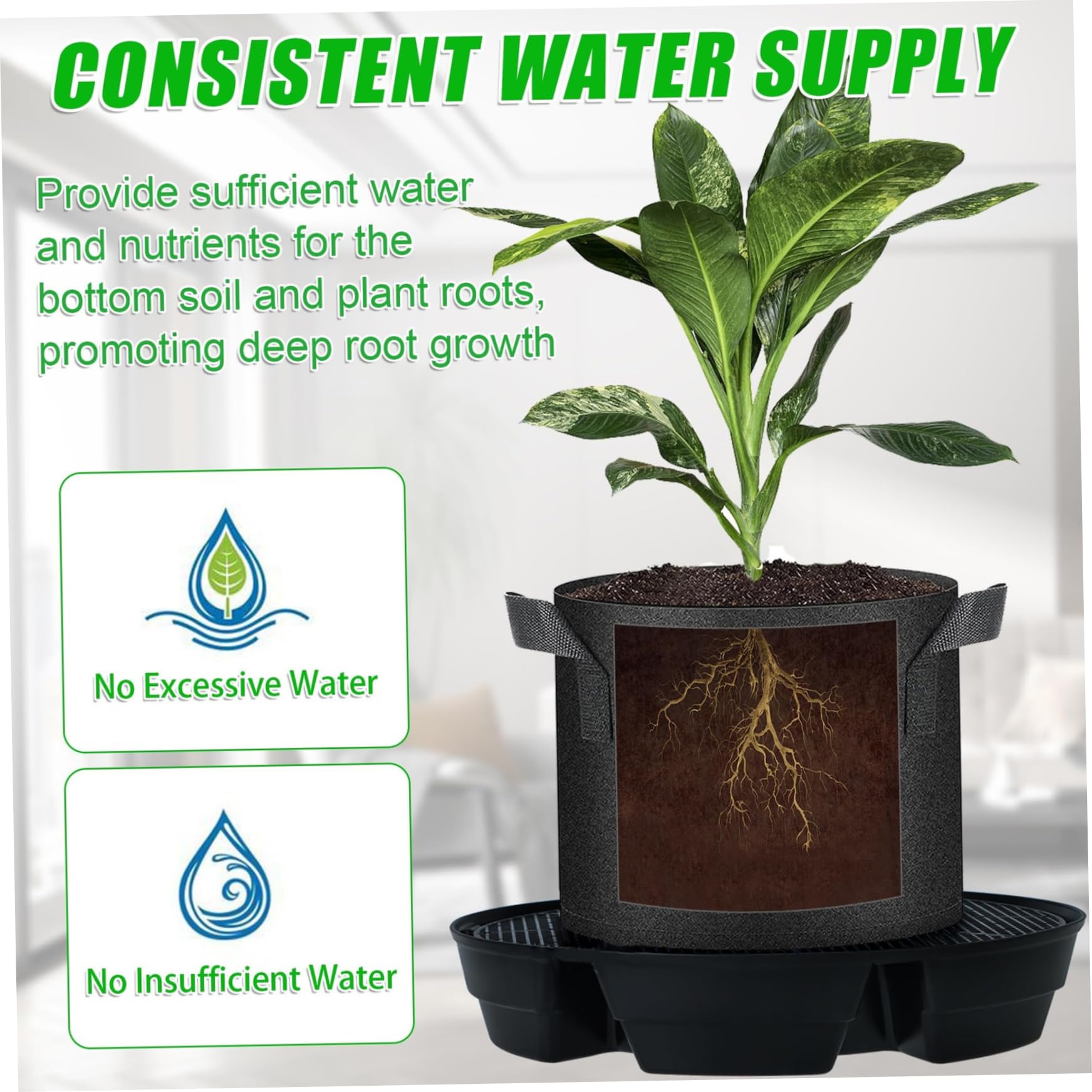 Base de maceta de tela con riego automático, paquete de 4 macetas de tela con mecha de agua ajustable para bolsas de cultivo |.Sistema de autorriego para plantas en macetas de interior, jardines y ti