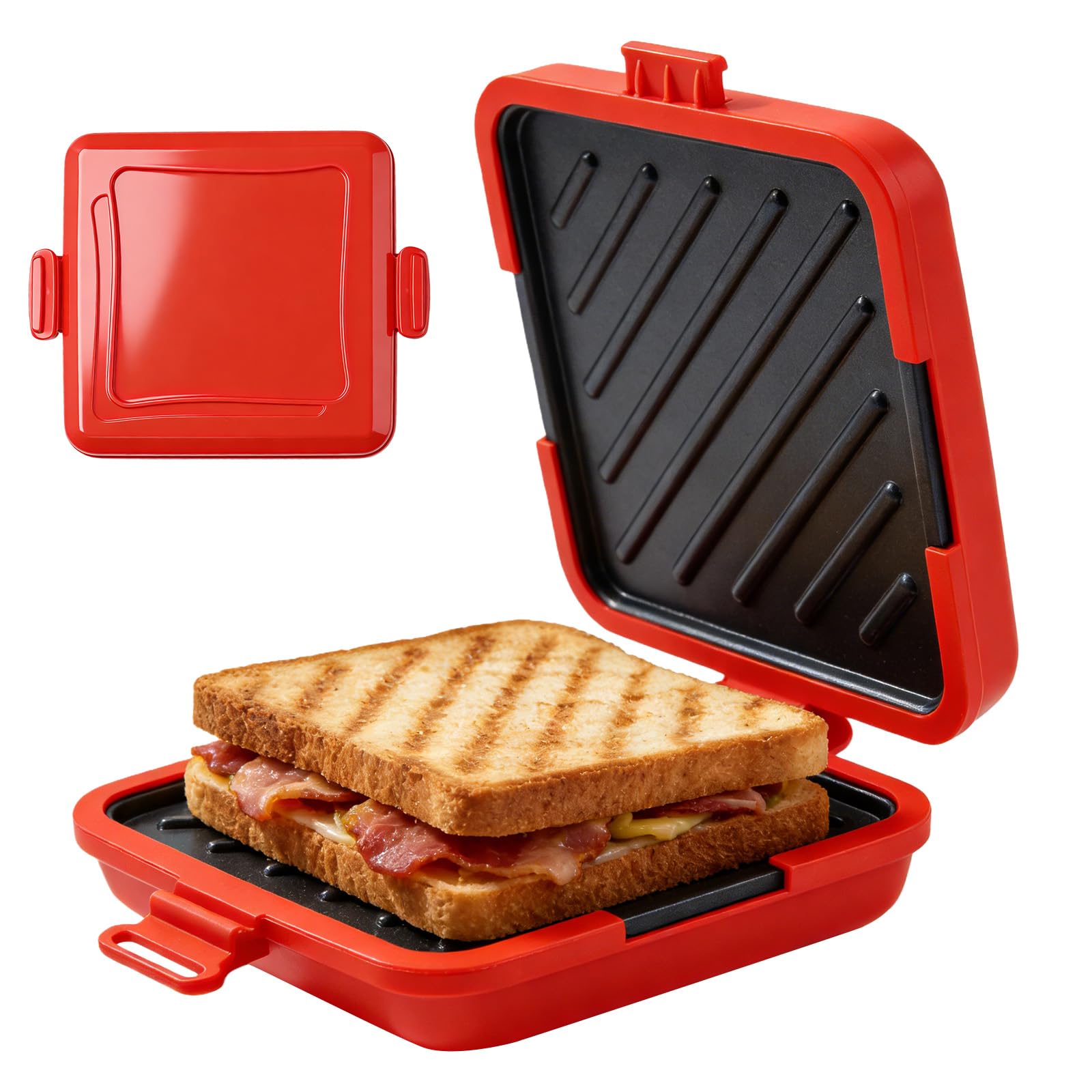 Leikurvo Sandwich Maker e Waffle, Tostapane per Forno a Microonde, Antiaderente, Pannelli Sandwich Senza Fili, Rosso
