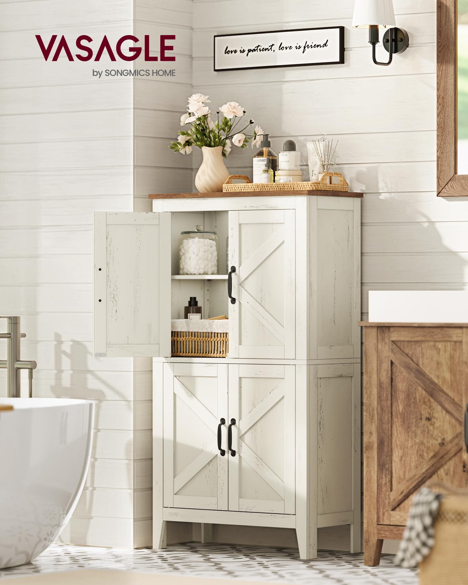 VASAGLE LIRY Collection – Armoire de Rangement avec Portes de Grange, Buffet Haut, Style Ferme, pour Cuisine, Salle de Bain, Salon ou Salle à Manger, Étagères Réglables, Blanc Rustique BBK773W01
