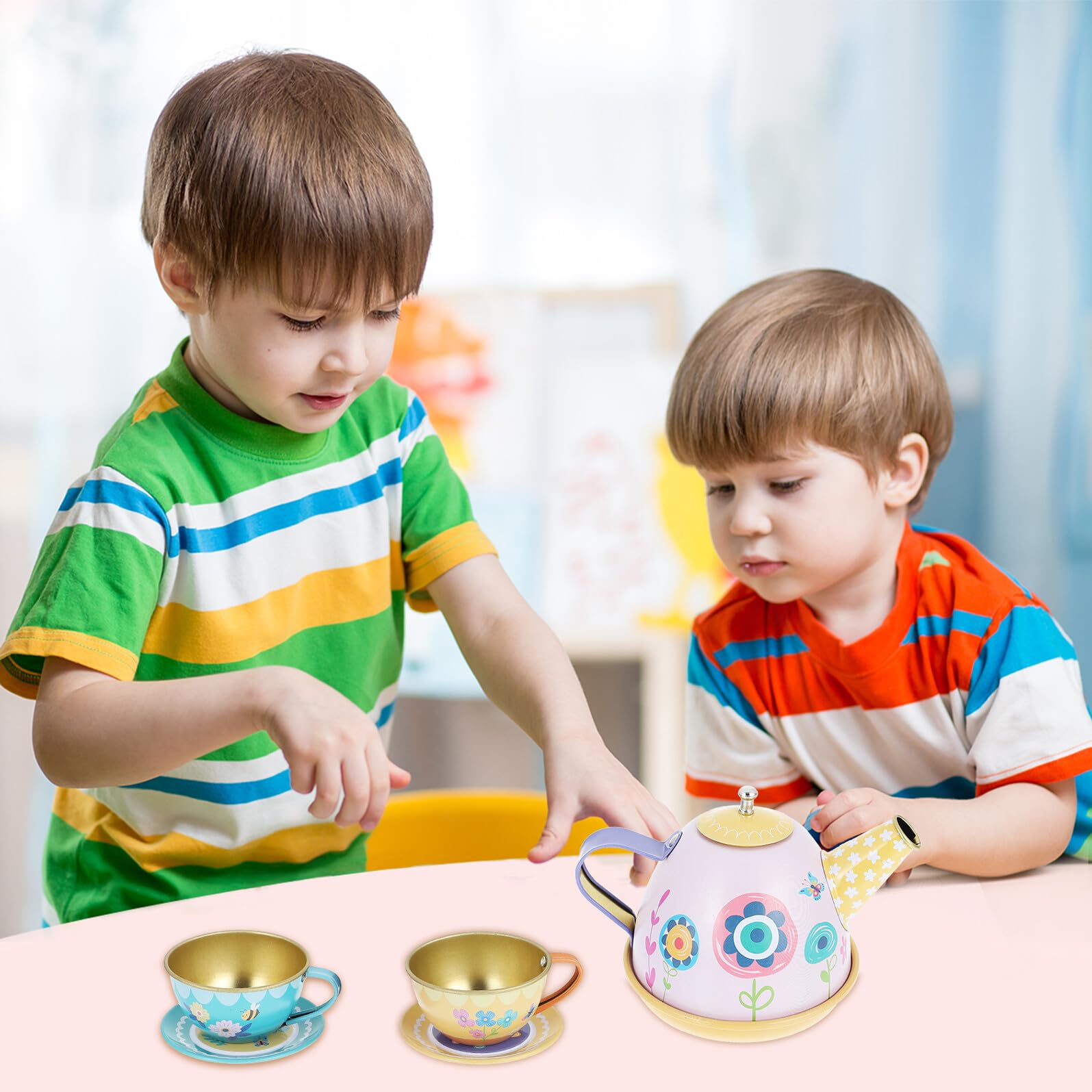 Gatuida Juego de Casitas de Juguete para Niñas Set de Té de Hojalata, 14 Piezas, Diseño de Dibujos Animados, Adecuado para Juego de Tarde y Coordinación Manual