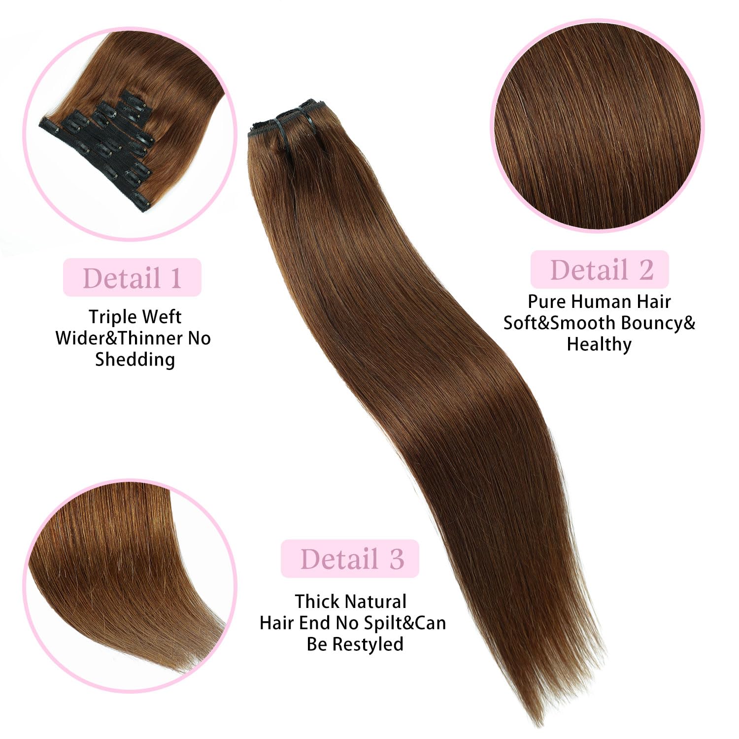 LieblichWelle Human Hair Extensions Clip in Hair Extensions Real Human Hair Brown 20 inch, 7pcs, 80g/Pack - Image 3