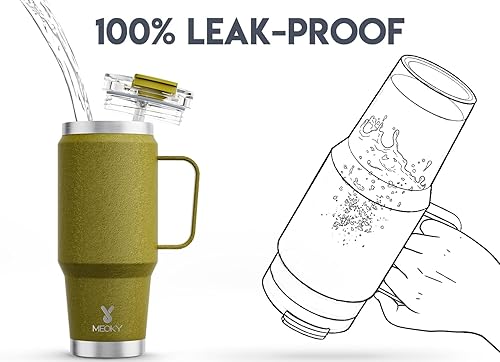Miniatura 129 de Meoky Vaso de 32 onzas con asa, vaso aislado con tapa y popote, taza de viaje de acero inoxidable, 100% a prueba de fugas, mantiene el frío durante