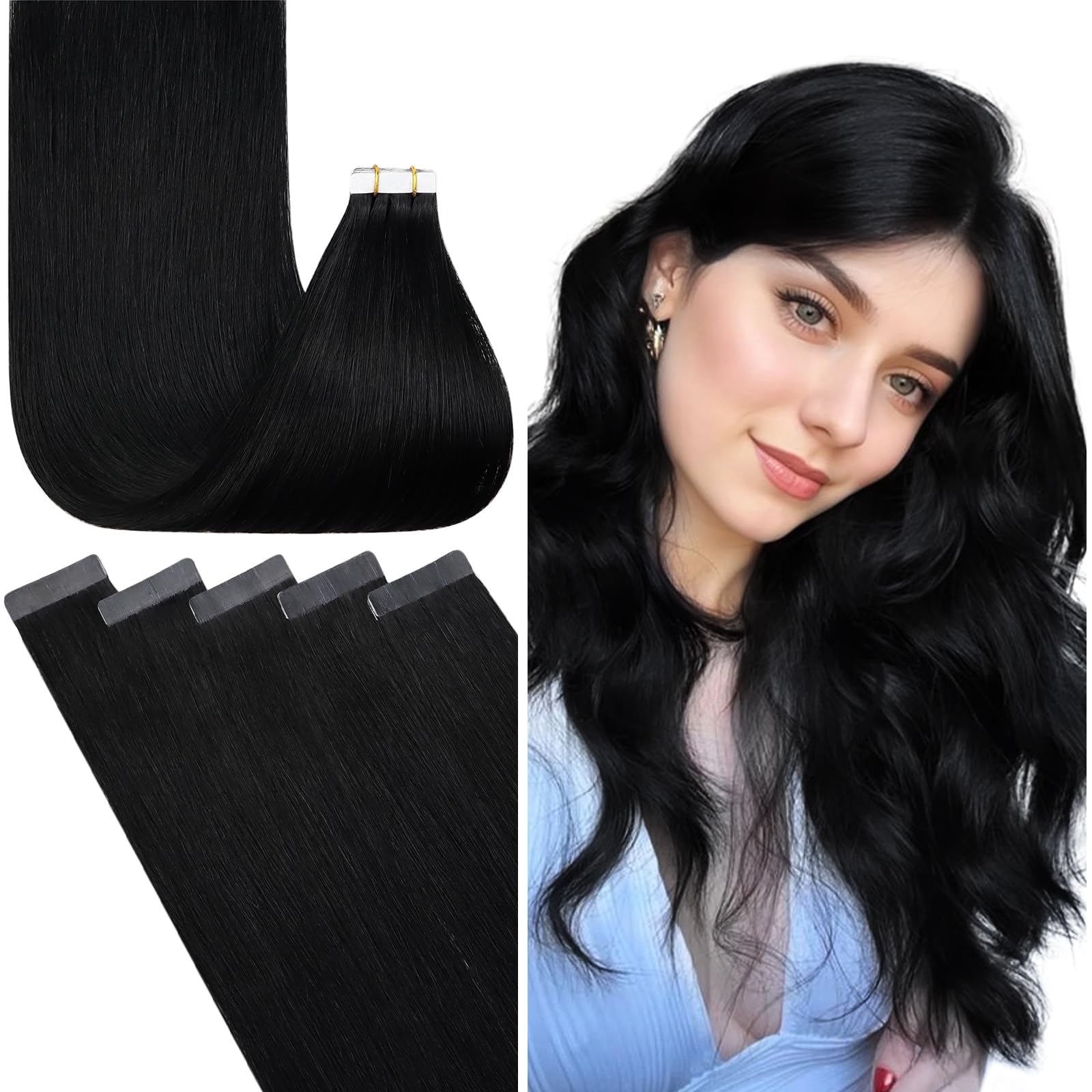 Fshine Estensioni Biadesivo Veri Capelli 50CM 20Pcs 50g Adesive Invisibili Capelli Umani Extension Naturale Neri Capelli Lisci Extensions Tape in Human Hair Extensions Remy #1B