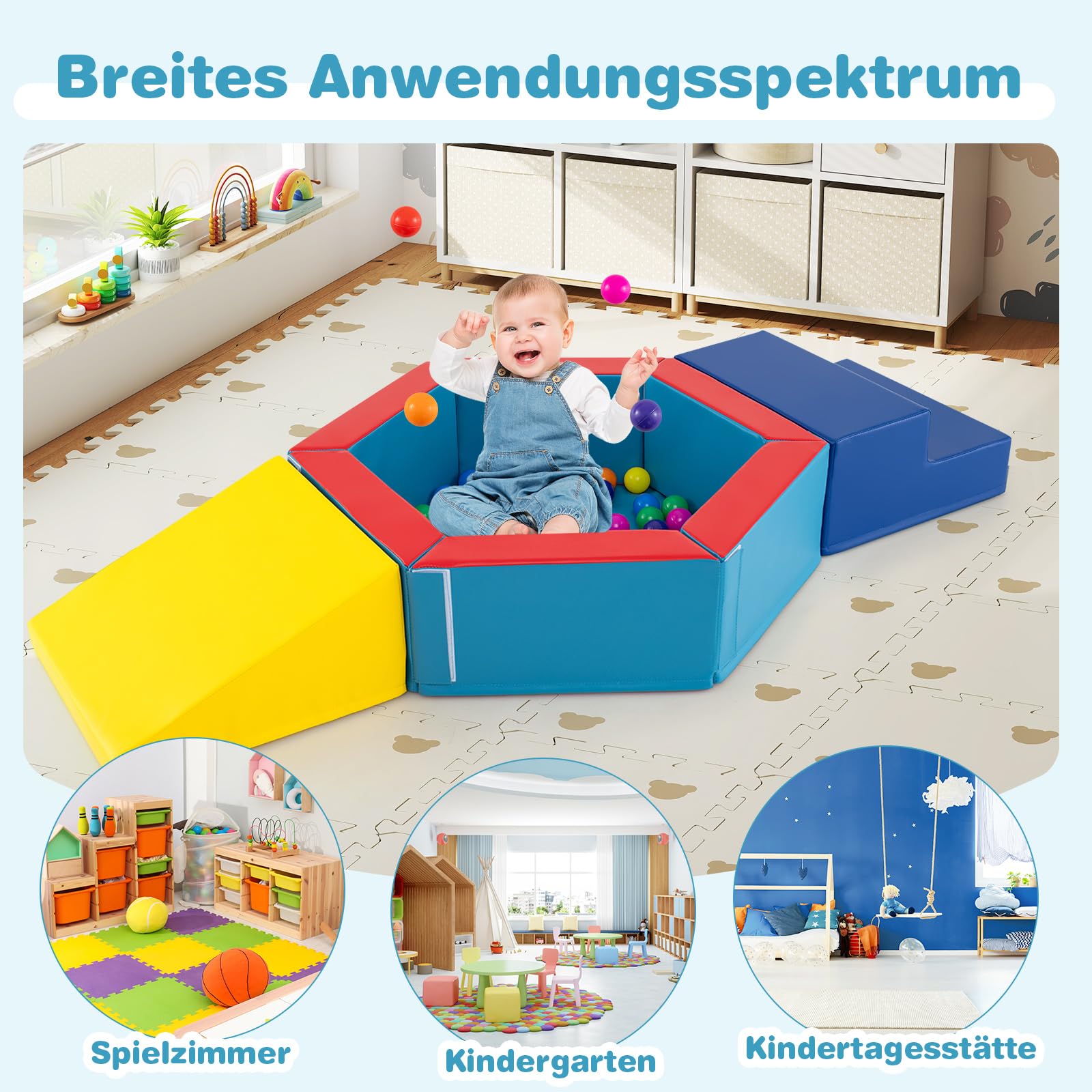 DREAMADE Bällebad Baby, 3 TLG. Softbausteine Set mit 100 bunten Bällen, Indoor Kletterblöcke mit Kunstlederbezug & Klettverschlüssen, Spielplatz aus Schaumstoff für Kinder ab 1 Jahr