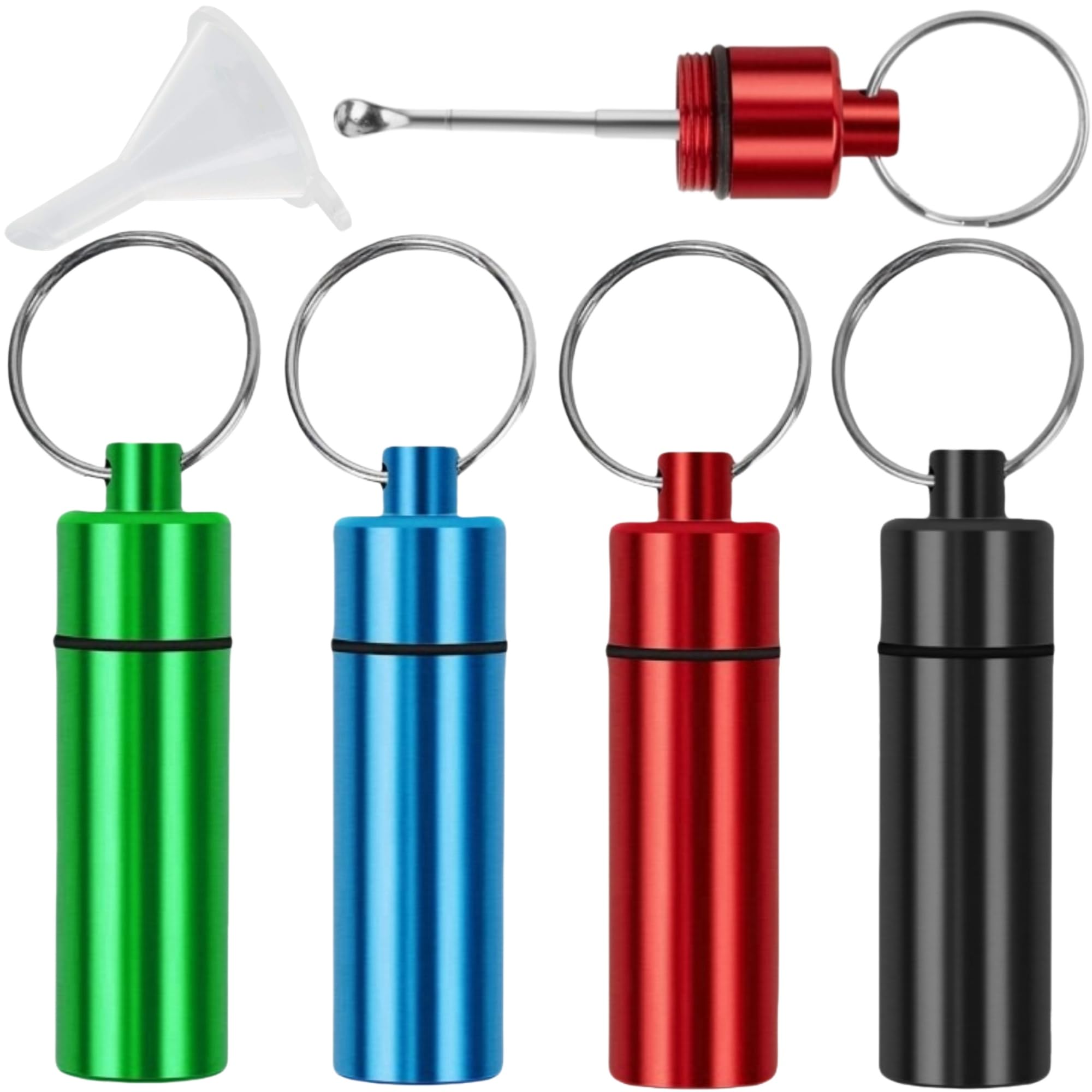 Snuff Kit | 4 Pack 6.91ml Aluminum Storage Container with Retractable Spoon | Black Red Green Blue Snuff Vial Sniffer Tool