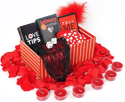 exciting Lives Romantic Conversation Hamper For Couples Gift for Valentines Day - Romantic Basket with Candles and Rose Petals - Romantic Wedding Anniversary Box Steamy Anniversary Box for Couples,
