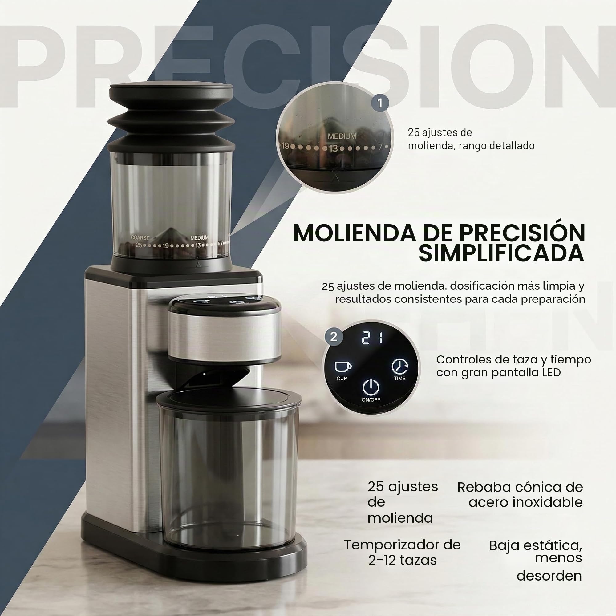 Molinillo de café eléctrico para el hogar, molinillo de cono de acero inoxidable, 25 grados de trituración, molinillo de café silencioso para espresso, café de filtro y jarra de