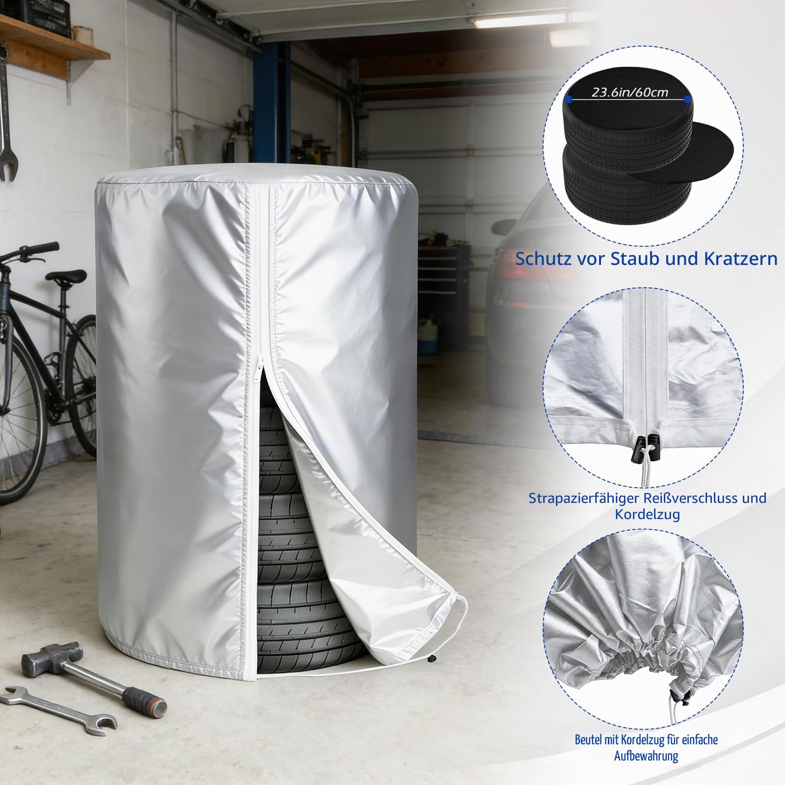 FreeTec Auto Reifentasche, 17-22 Zoll Reifenabdeckung Reifenschutzhülle Aufbewahrung für 4 Reifen, Sonnenschutz Winterabdeckung für Autoreifen Felgenbaum (80 x 117cm) (420D und 4 Matten)