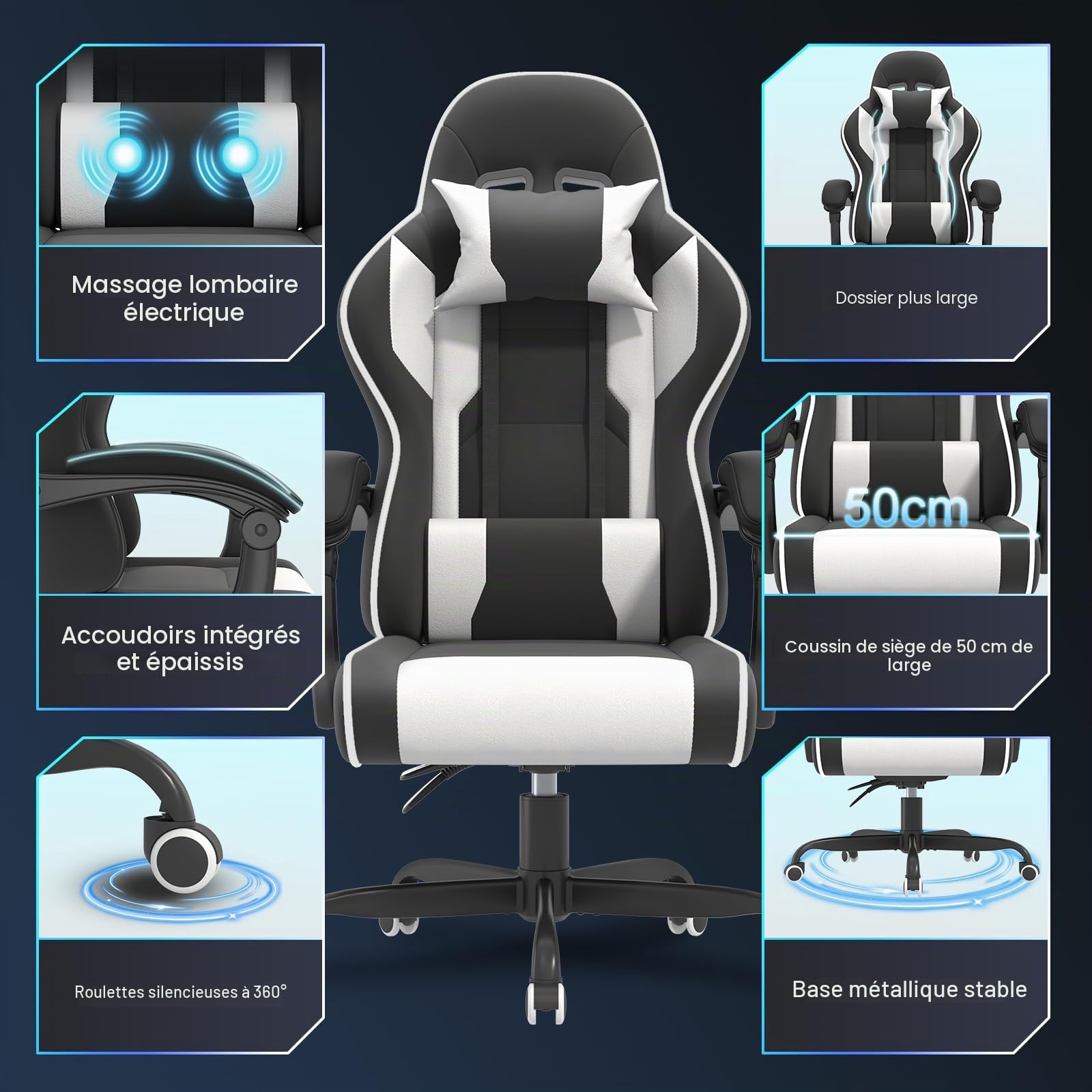 JUMMICO Jetstream Chaise de Gaming Ergonomique avec Fonction Massage, Chaise de Bureau, 150 kg, Blanche