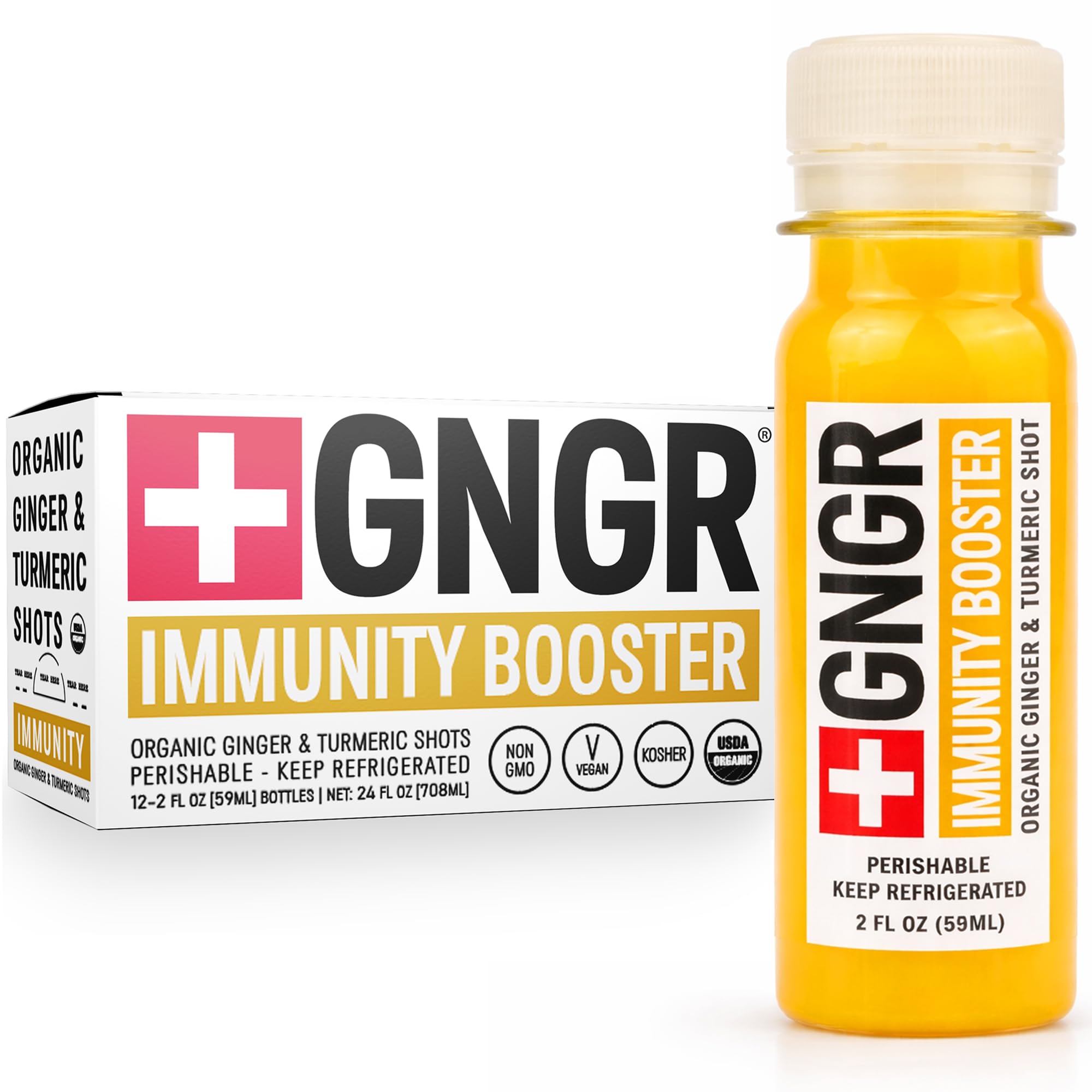 +GNGR Immunity - Organic Ginger and Turmeric Shot, Made in New York, USA. Cold Pressed Ginger Shots with Turmeric, Cayenne Pepper, Orange and Lemon, 2 fl oz (Pack of 12)