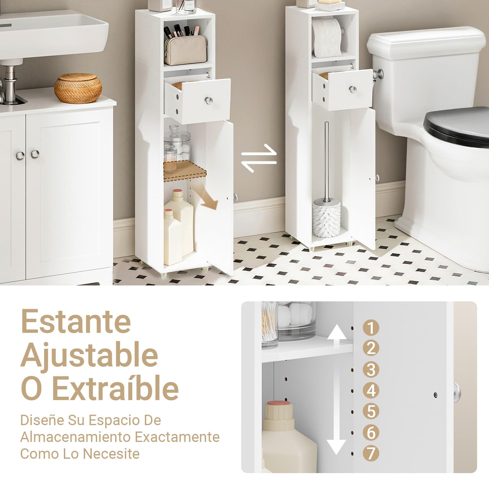 SoBuy Mueble Baño Estrecho 20x20 cm con Portarrollos Blanco para WC | Armario Auxiliar y Puerta Reversible Columna de Almacenaje Baño Compacto con Cajón BZR219-W