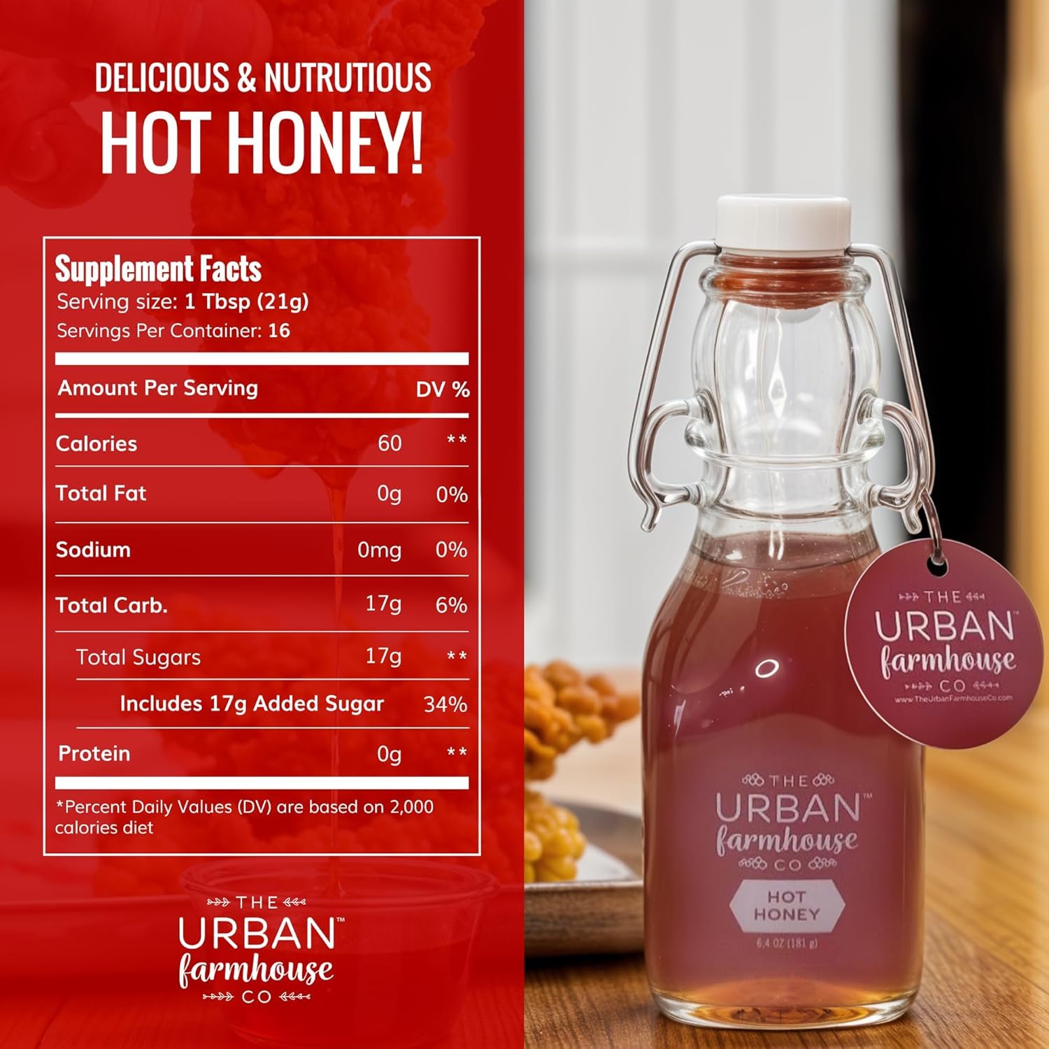The Urban Farmhouse Co – Colorado Hot Honey Infused w/Chili Peppers – Spicy Sweet Mixer for Cocktails, Pizza, Chicken, Tea, Culinary Creations – All Natural Small Batch 6.4 oz (Single, Hot Honey)