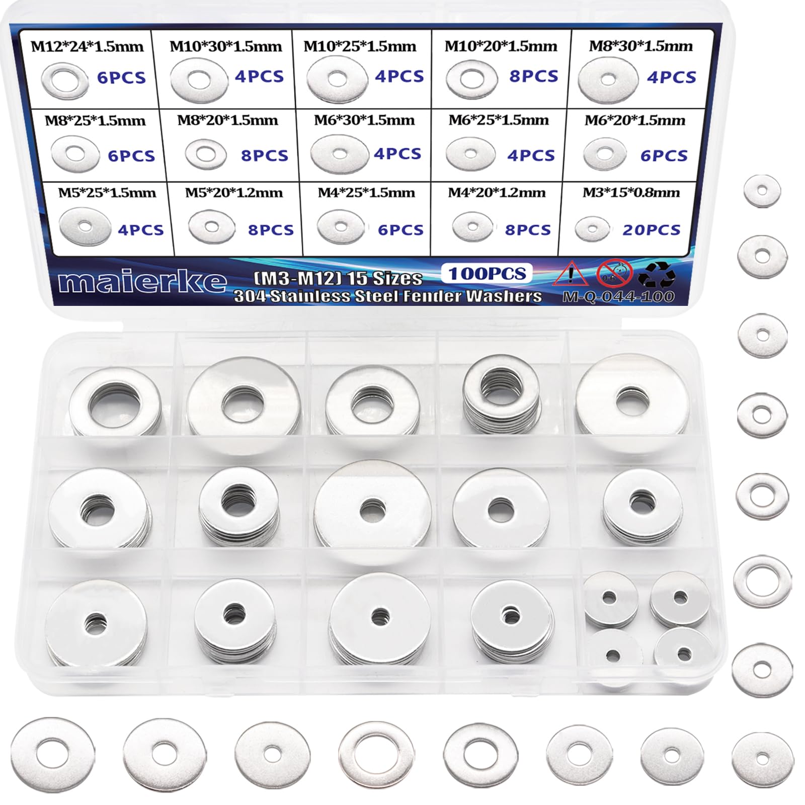 maierke 100PCS 18-8(304) Stainless Steel Fender Washers for Screws and Bolts,15 Sizes Metric Fender Washer Assortment Kit M3, M4, M5, M6, M8, M10, M12