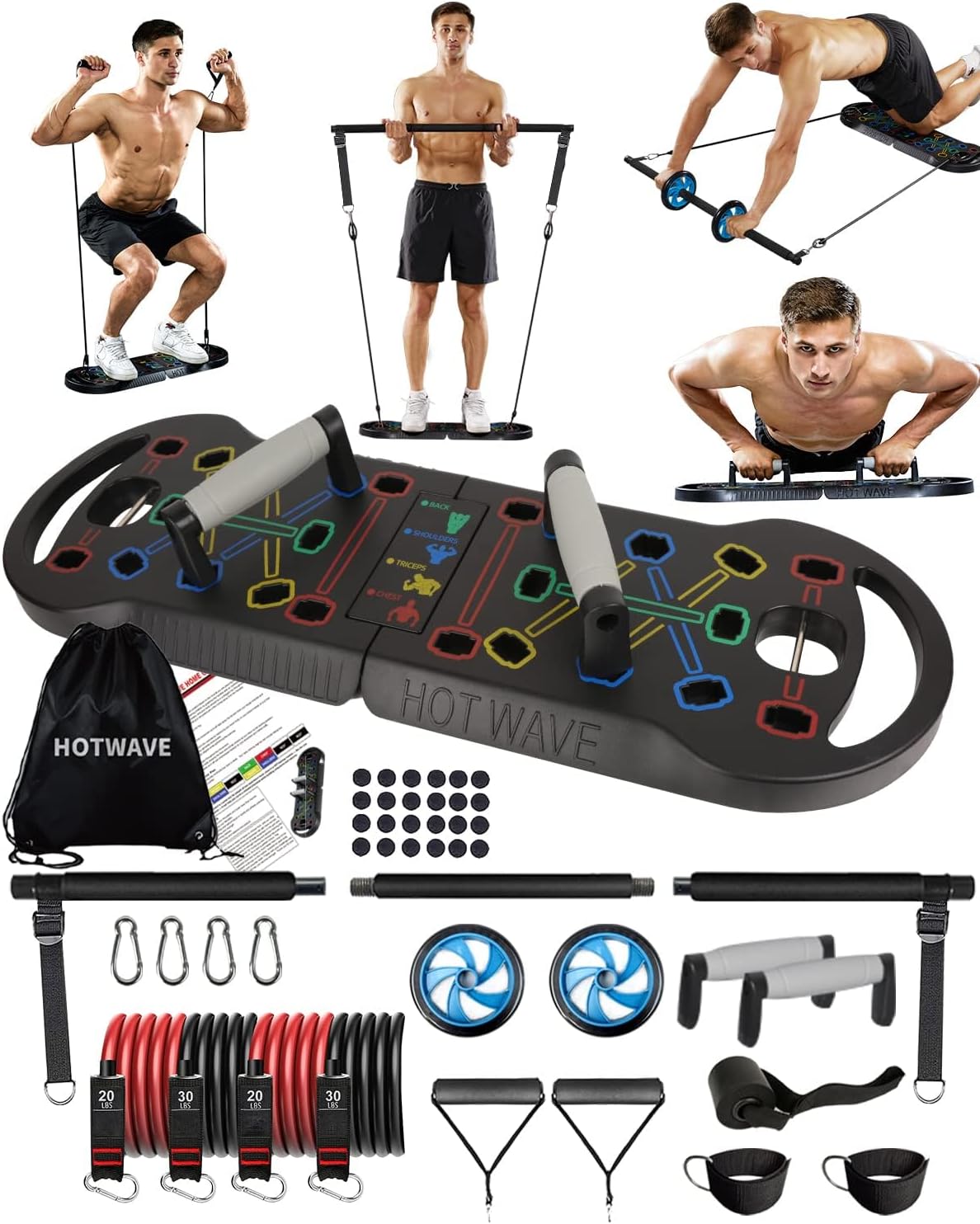 HOTWAVE Portable Exercise Equipment with 16 Gym Accessories.20 in 1 Push Up Board Fitness,Resistance Bands with Ab Roller Wheel,Pilates Bar. Strength Training for Man,Full Body Workout Machine at Home, BLACK ULTIMATE KIT
