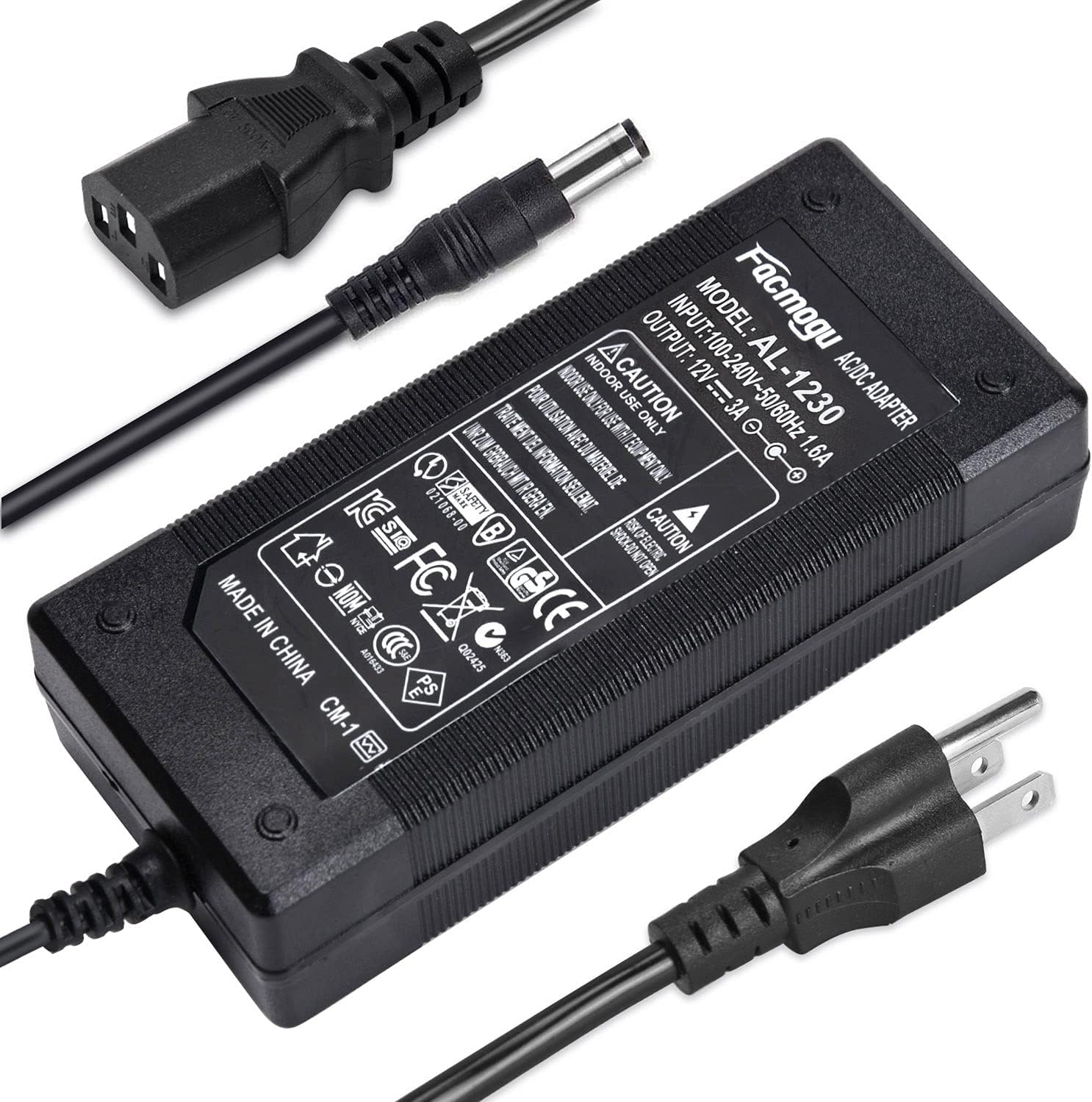 Facmogu 3 Prong DC 12V 3A 36W AC to DC Power Adapter