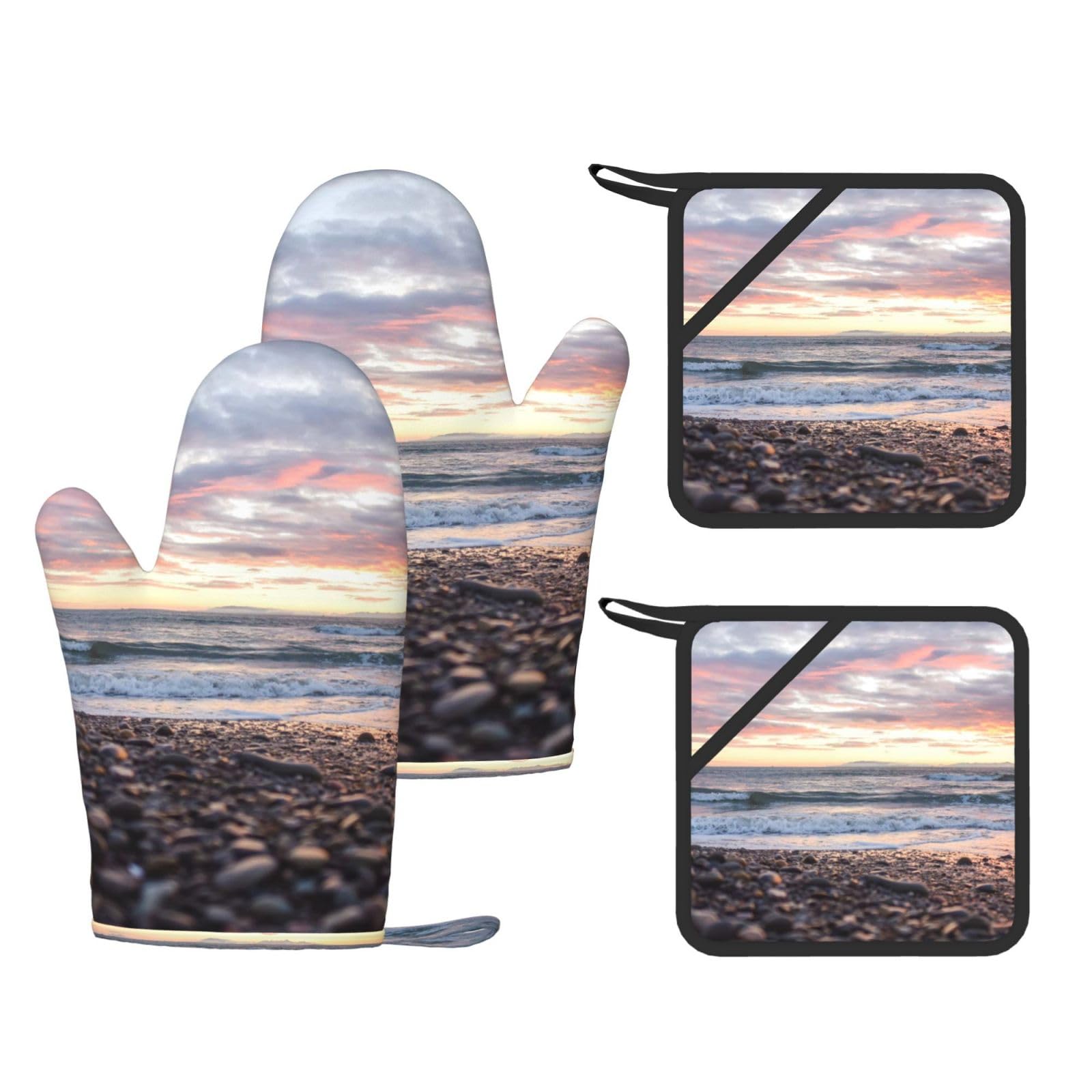 Playa Atardecer Guijarros,Juego de 4 Manoplas y agarraderas para Horno, Guantes de Cocina Antideslizantes y Resistentes al Calor.
