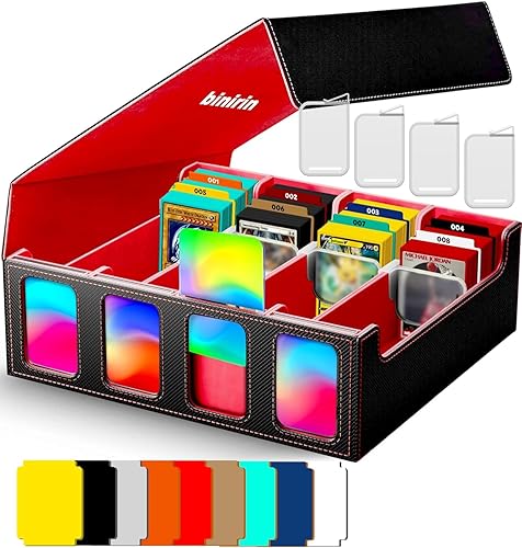 Binirin Trading Card Storage Box for Commander Display, 3000+ MTG Deck Box With 4 Toploaders & Supporters, PU Leather Case Fits Yugioh TCG Magic Game & Sports Cards (Black&Red) - Black & Red - 3000+