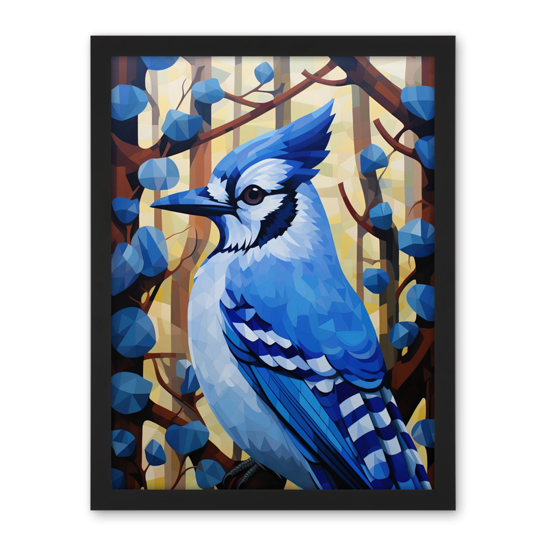 Artery8 Blue Jay Geometric Artwork Wild Bird Perched on Tree Polygonal Forest Landscape Artwork Framed Wall Art Print 18X24 Inch