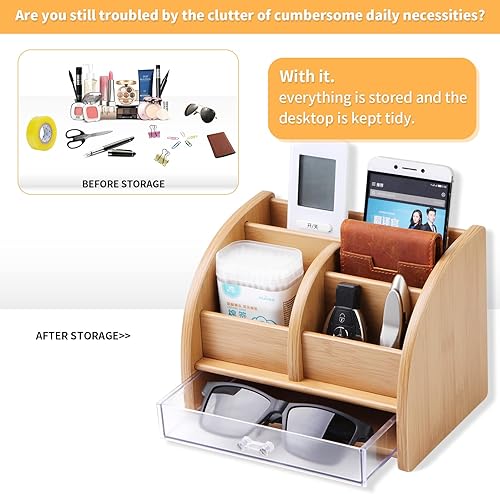 Miniatura 7 de ZORVIDSON Organizador multifuncional de madera para bolígrafos, organizador de escritorio, 4 compartimentos + 1 mini cajón integrado, organizador de