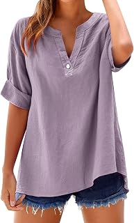 Blusas para mujer, tallas grandes, monocolor, blusa de lino, informal, algodón y lino, manga corta, cuello en V, con botones, blusa holgada, túnica