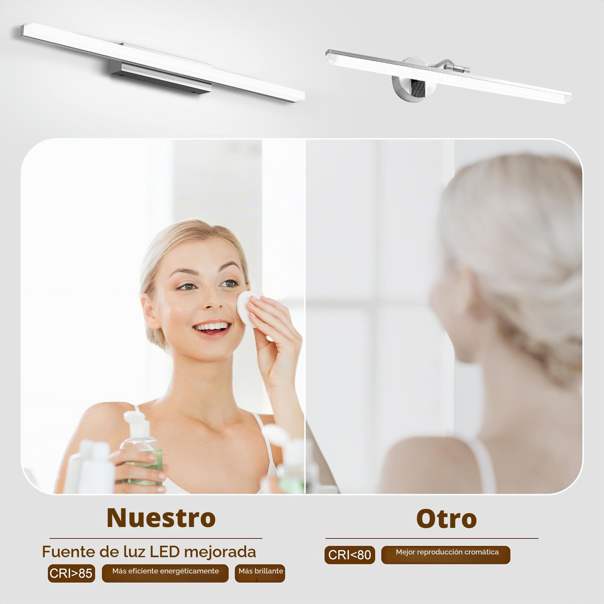 Led Aplique Espejo Baño, 60CM Luz Espejo Baño IP44 Blanco Frio 6000K Pared Luz, 10W Lampara Apliques de Para de Impermeable Plata
