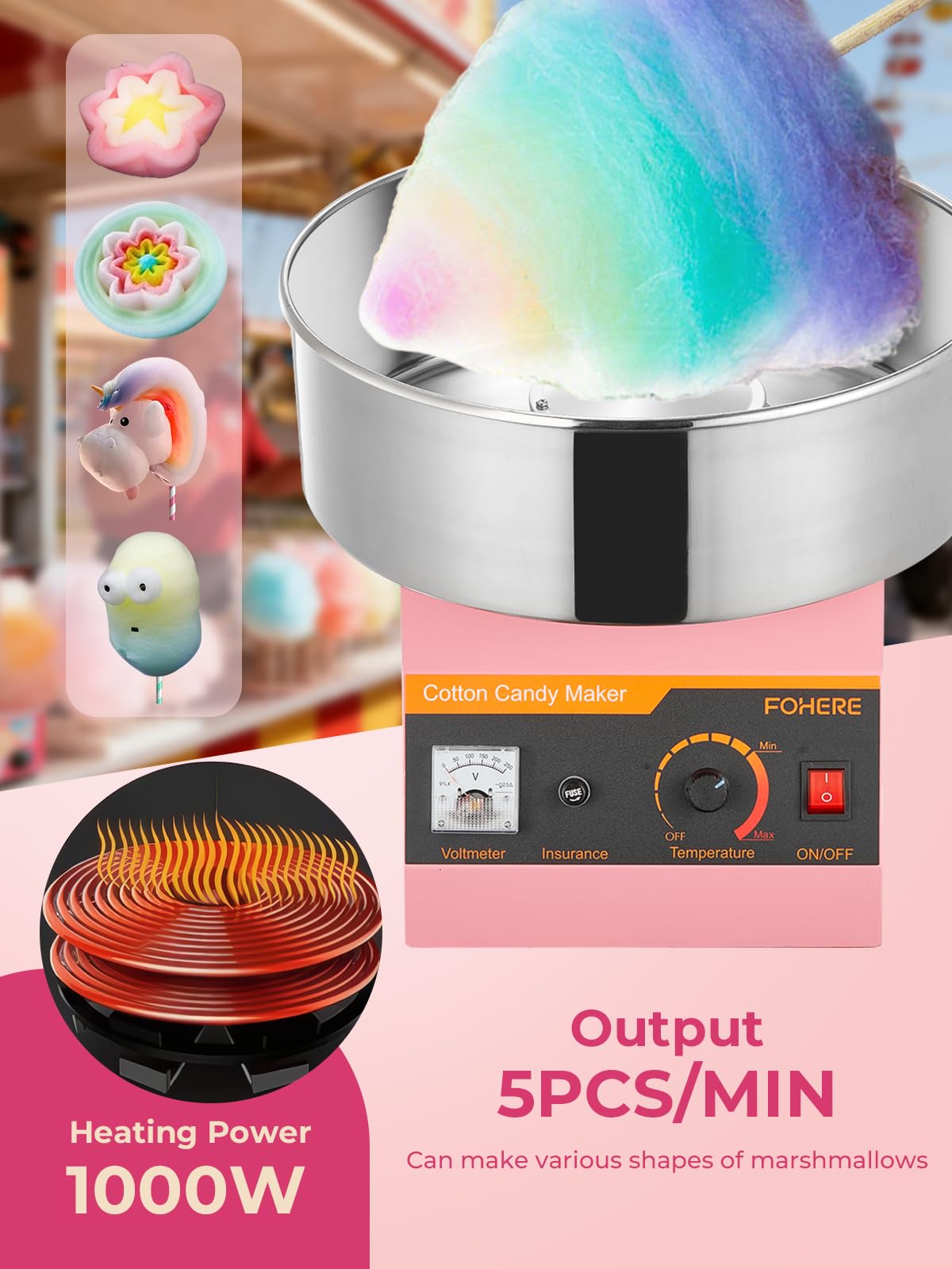 FOHERE Machine à Barbe à Papa Électrique 1000 W, Bol en Acier Inoxydable 38cm, Appareil à Barbe à Papa Commerciale pour Anniversaires, Mariages, Fêtes, Carnavals, pour Faire des Bonbons, Rose