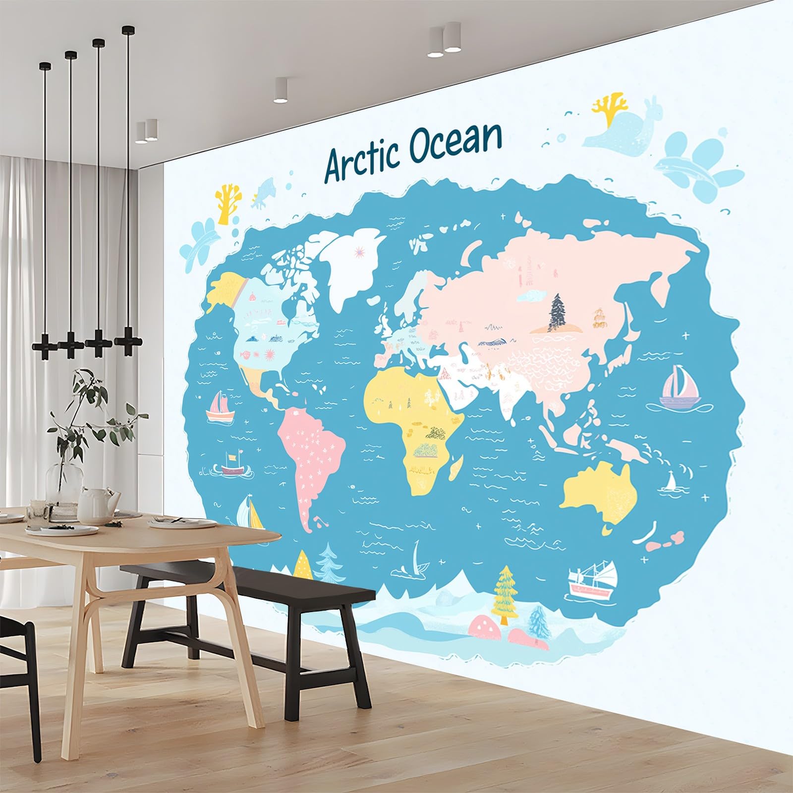 Fototapeta z motywem z kreskówki, mapa świata, tapeta ścienna, 350 x 256 cm, fototapeta do sypialni, salonu, biura, dekoracja ścienna, jasnoniebieska, plakat 3D, tapeta z włókniny