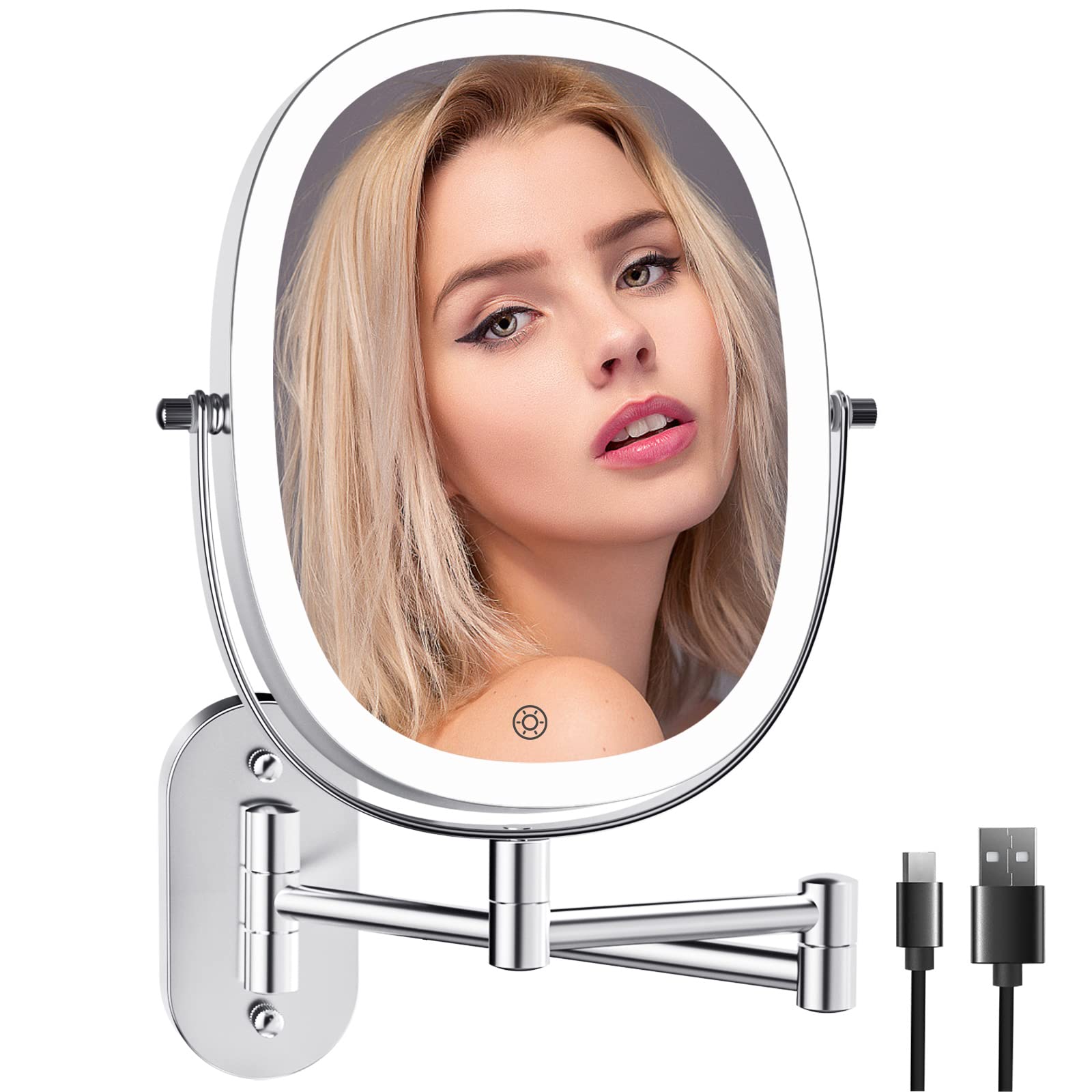 FUNTOUCH Rechargeable Wall Mounted Lighted Makeup Vanity Mirror, Double Sided 1X/7X Magnifying Mirror, 3 Lighting Option Dimmable, Extension Foldable Arm, Oval Frame Light up Bathroom Vanity Mirror