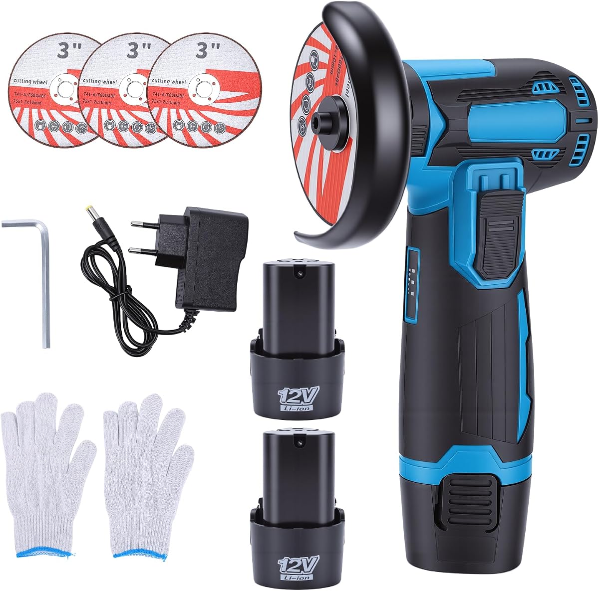Kit de amoladora angular con cepillo inalámbrico, mini herramienta de amolado angular eléctrica de 19500 rpm, amoladora de 550 W, cortador de mano para cortar con 2 baterías de 12 V 1500 mAh, para cortar y amolar metal/madera