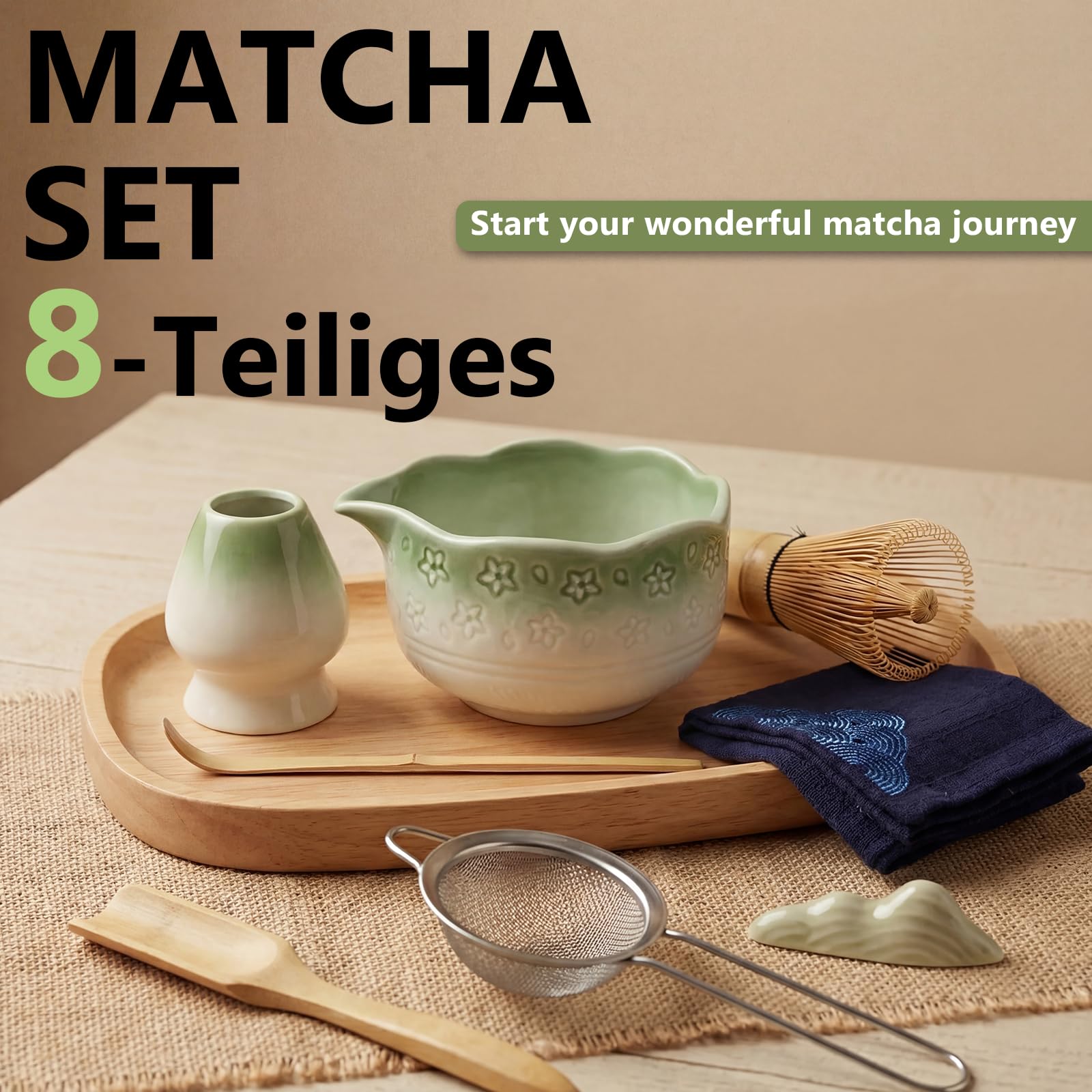 8 pezzi Matcha Kit, Matcha Set design a fiori di ciliegiocon Frusta Matcha, Ciotola, Cucchiaio, Filtro, Supporto, Kit Matcha completo per cerimonia, Elegante Set per Amanti del Matcha(Verde Sfu