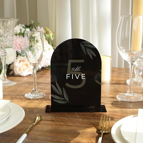 Miniatura 3 de UNIQOOO Letrero de mesa de arco de acrílico negro con soportes, números de mesa de boda de 5 x 7 pulgadas, 18 pulgadas de grosor, letrero acrílico