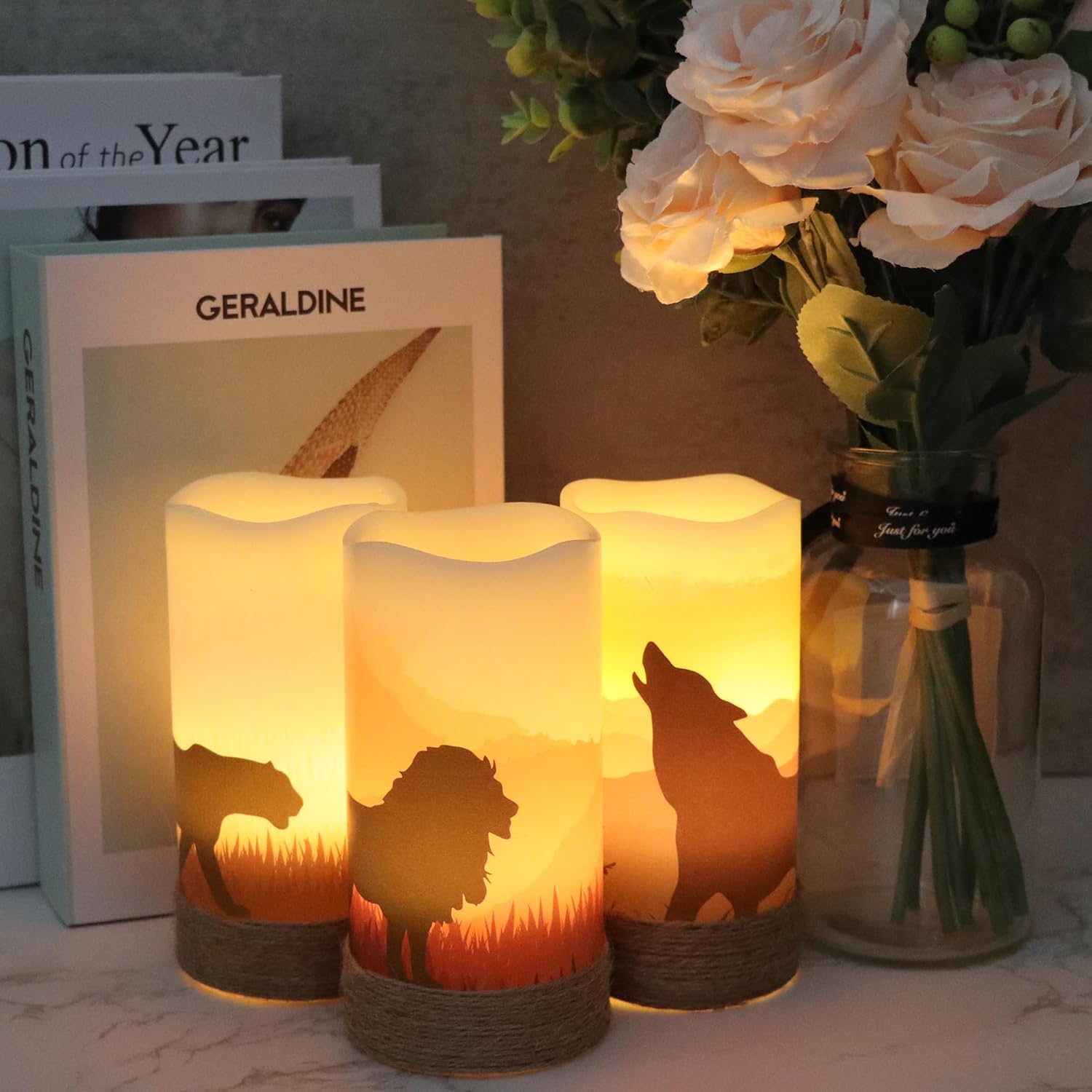 DRomance Flameless Flickering Candles Battery Operated with 6 Hour Timer Hemp Rope Real Wax Flickering LED Pillar Candles Lion Wolf Leopard Decals Dinner Holiday Decor(3 Pack, 3" x 4", 5", 6")