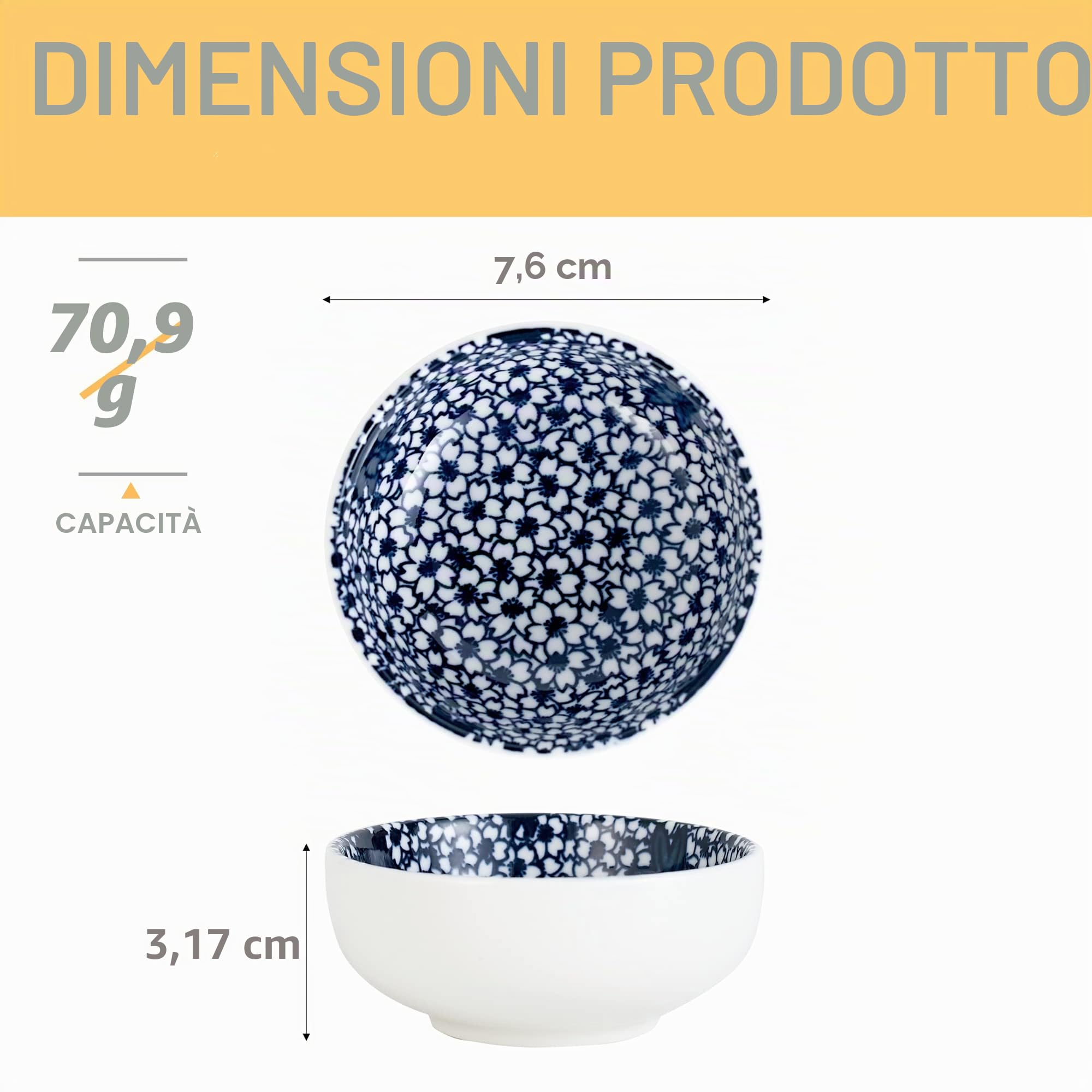 Set di 6 ciotole in ceramica in stile giapponese, 7,6 cm, piccole ciotole per salse, sushi, snack e soia, barbecue, 70,9 g, blu e bianco, per preparare la cucina, set da 6 (7,6 cm)