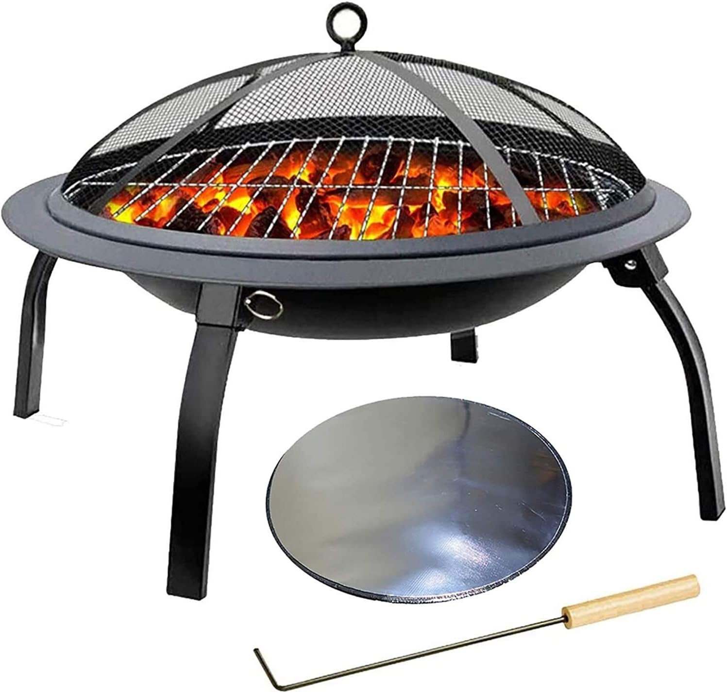 Outdoor Fire Pit Foldable Outdoor Fire Pit, Wood Burning Fireplace, Round Metal Brazier with Spark Sieve Cover Poker and 24 in