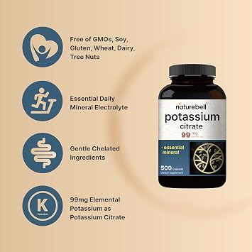 NatureBell Potassium Citrate 99mg, 500 Capsules - Chelated Mineral Supplements - Non-GMO, Gluten Free