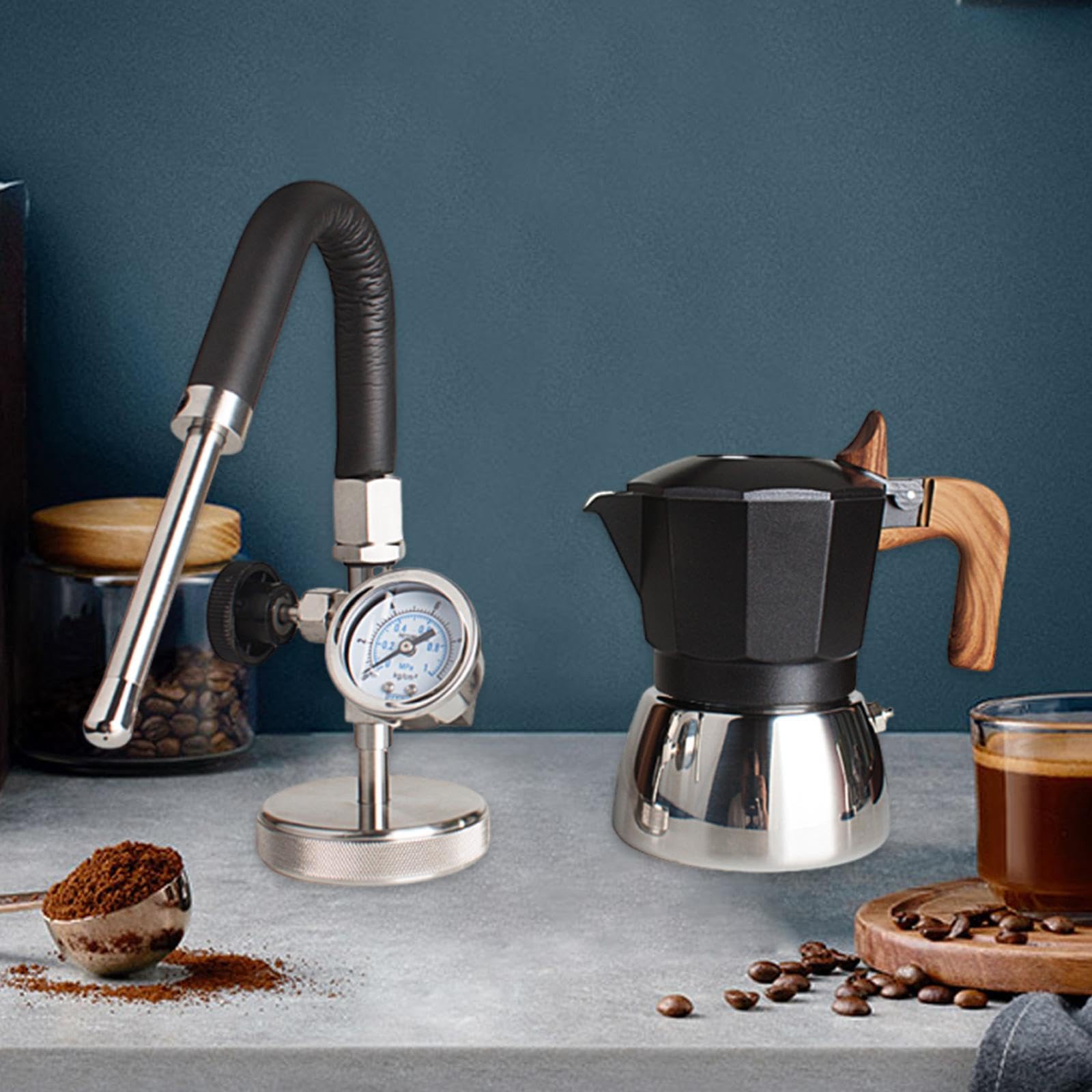 Pot Espresso Herdkanne Edelstahl Doppelventil Kaffeekocher Milchaufschäumer mit Robustem Griff für Gasherd Outdoor-Kochen, Schwarz