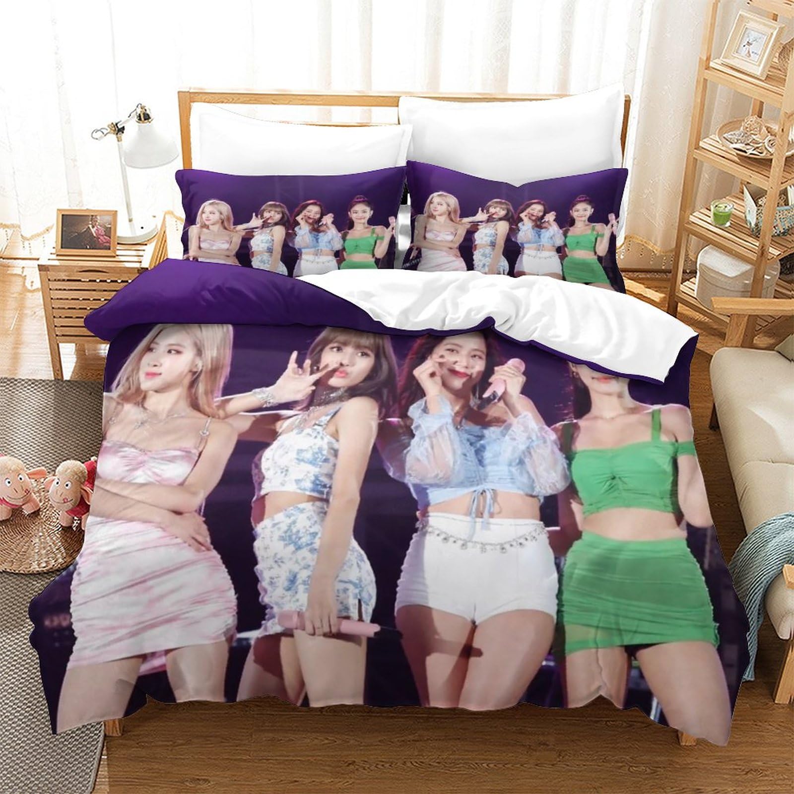 ZUOLAER 3 Stuks K-Pop Beddengoed Set Blackpink Dekbedovertrek Met Ritssluiting Lisa Jennie Jisoo Rose Young Girl Idol Dekbedovertrek Set Met 2 Kussenslopen