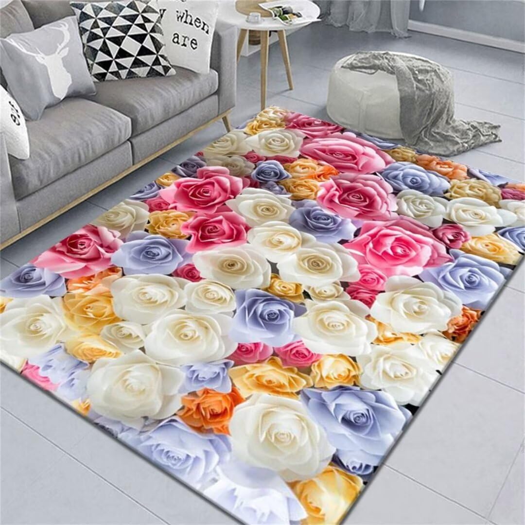 Tapis de salon rouge 120x200 motif mer de fleurs pour déco de chambre ado