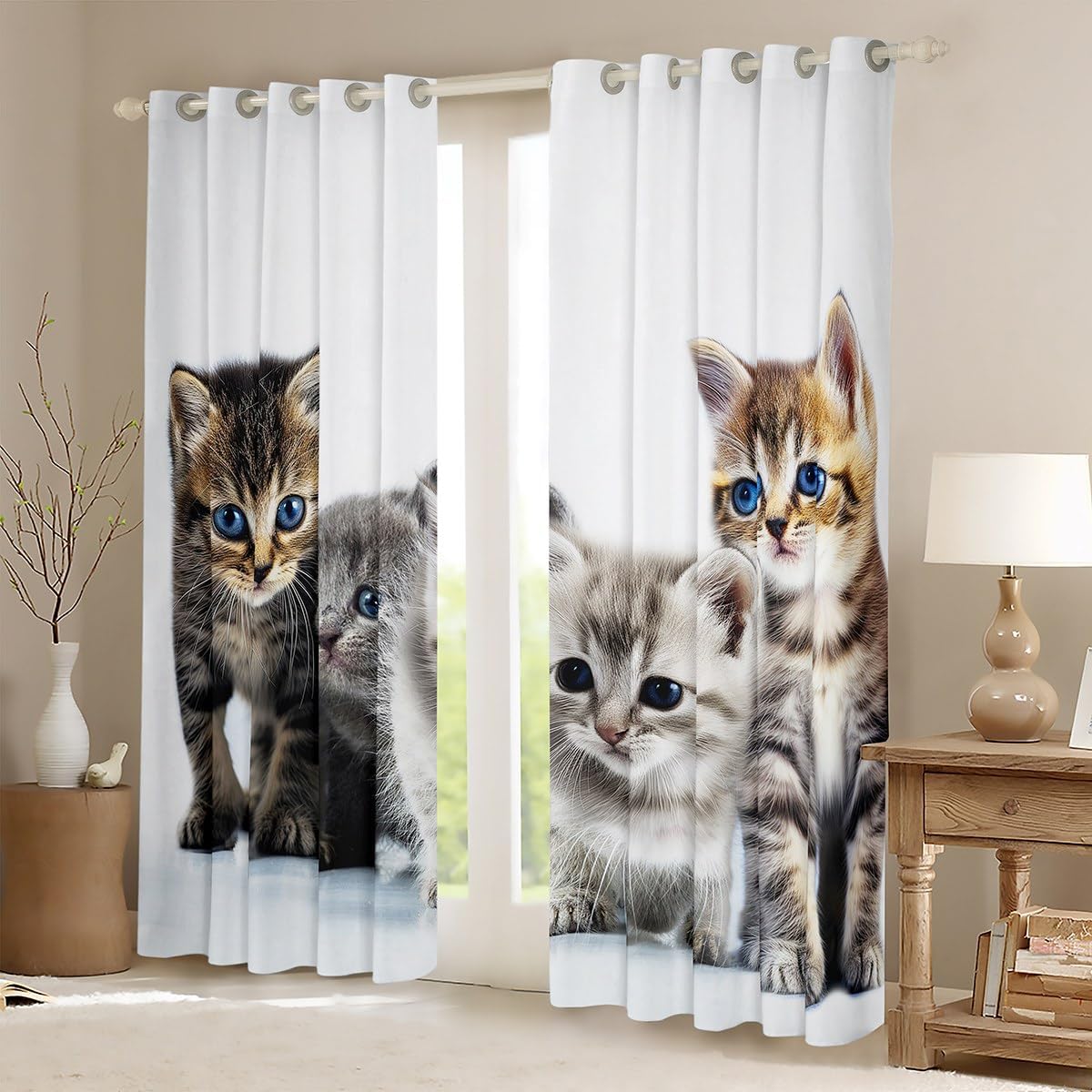 Erosebridal Cute Cat Window Drapes, Cute Animal Curtains Kawaii Pet Cat Window Curtain Panels for Kids Bedroom Decor, Modern 3D Cat Print Window Treatment for Home, Living Decorative 52" X 63"